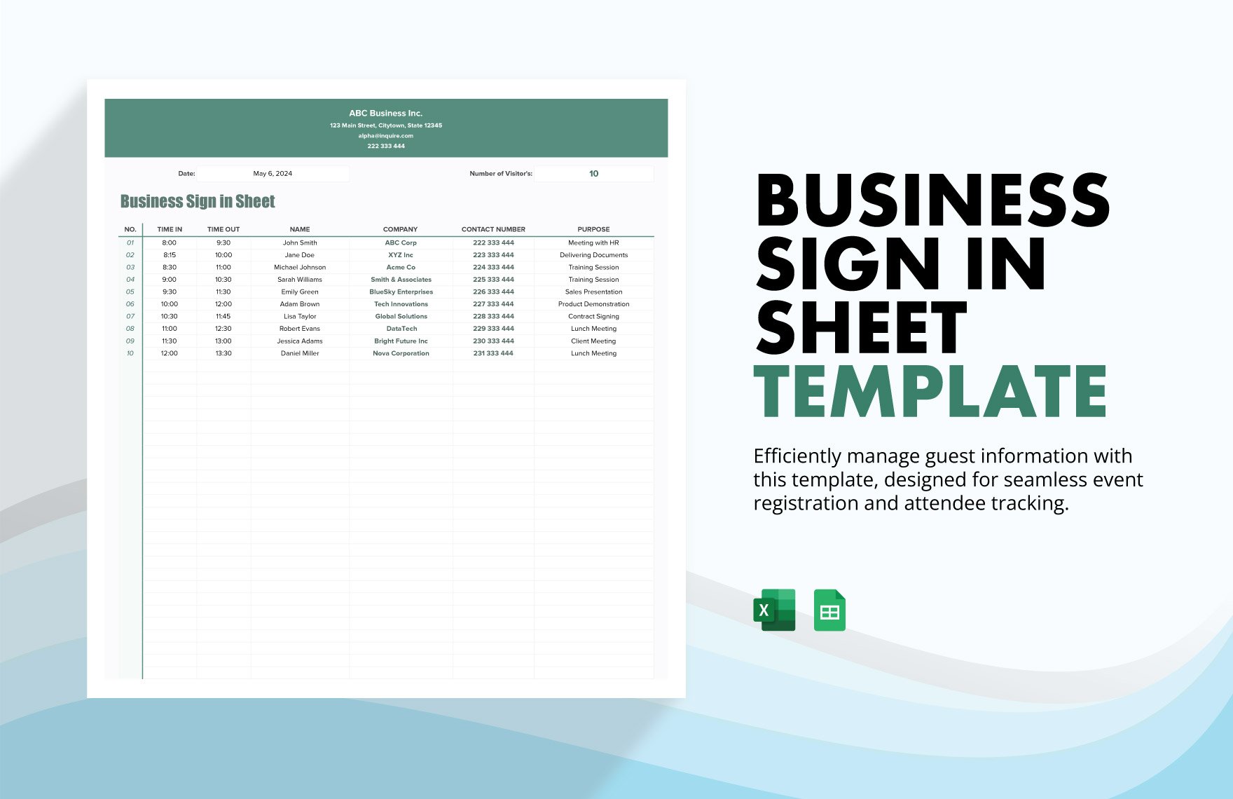 Business Sign in Sheet Template in Excel, Google Sheets