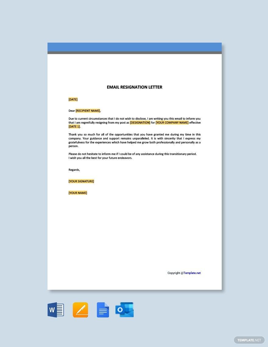 Email Resignation Letter Template in Word, Google Docs, PDF, Apple Pages, Outlook
