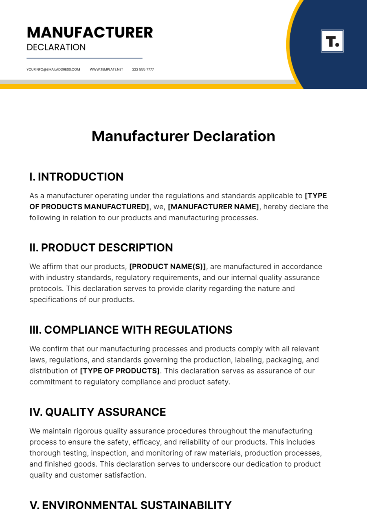 Manufacturer Declaration Template