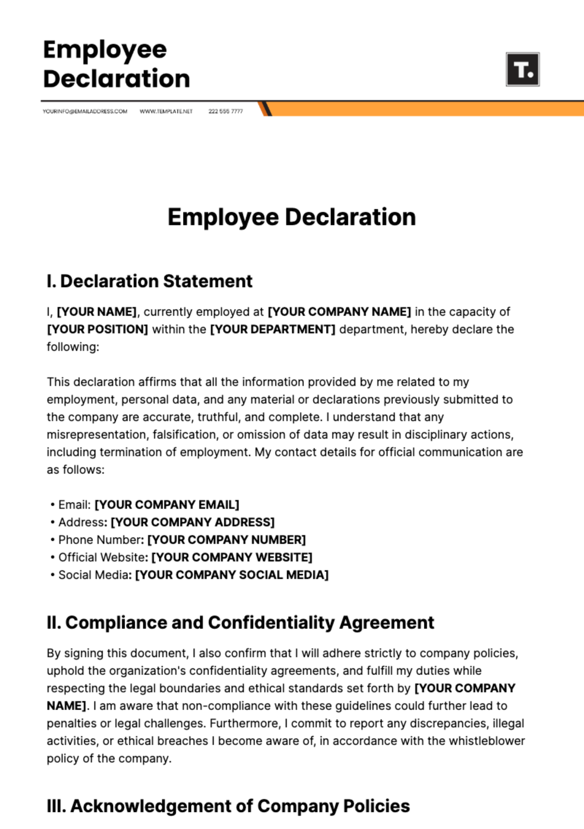 Employee Declaration Template