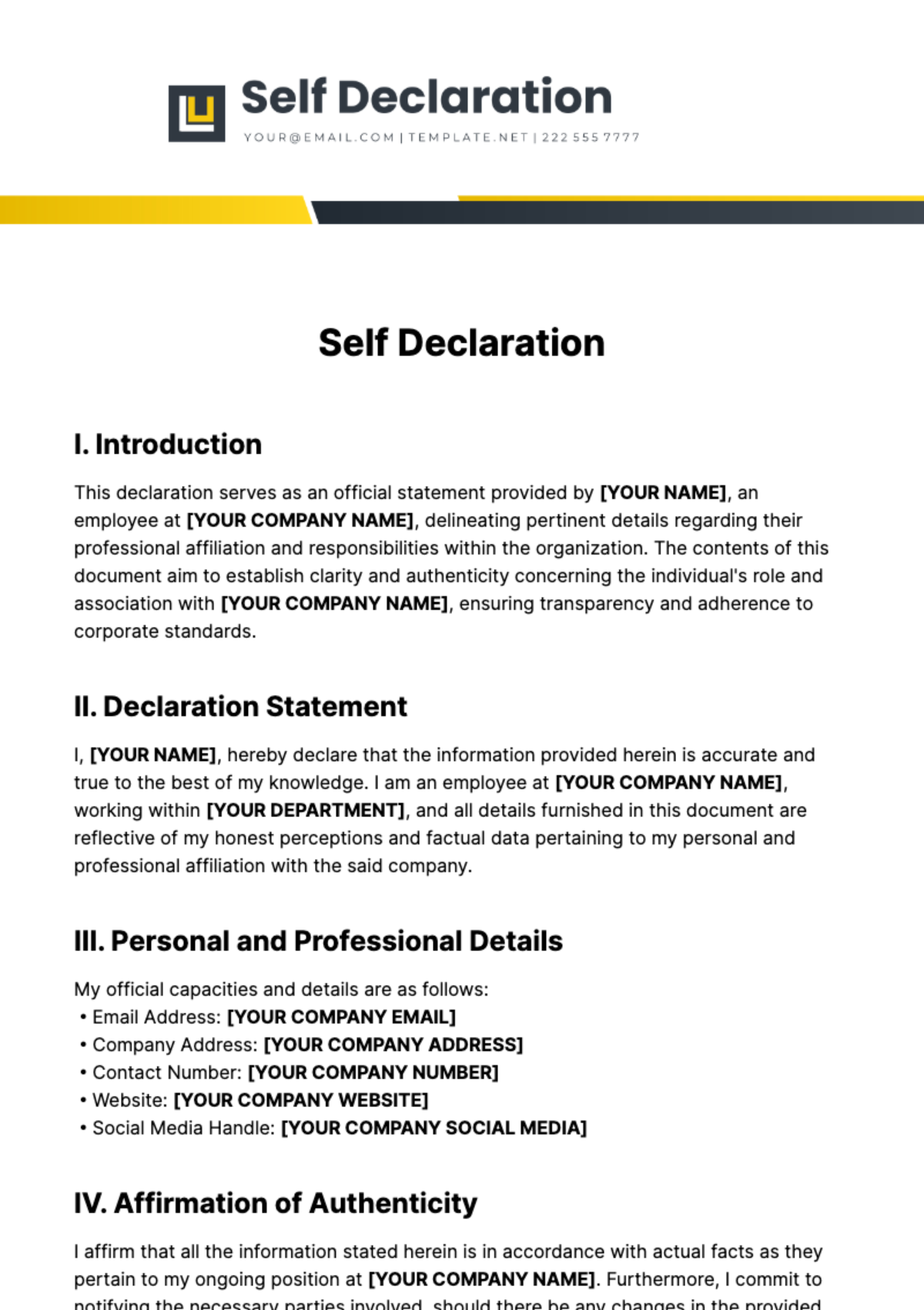 Free Self Declaration Template to Edit Online