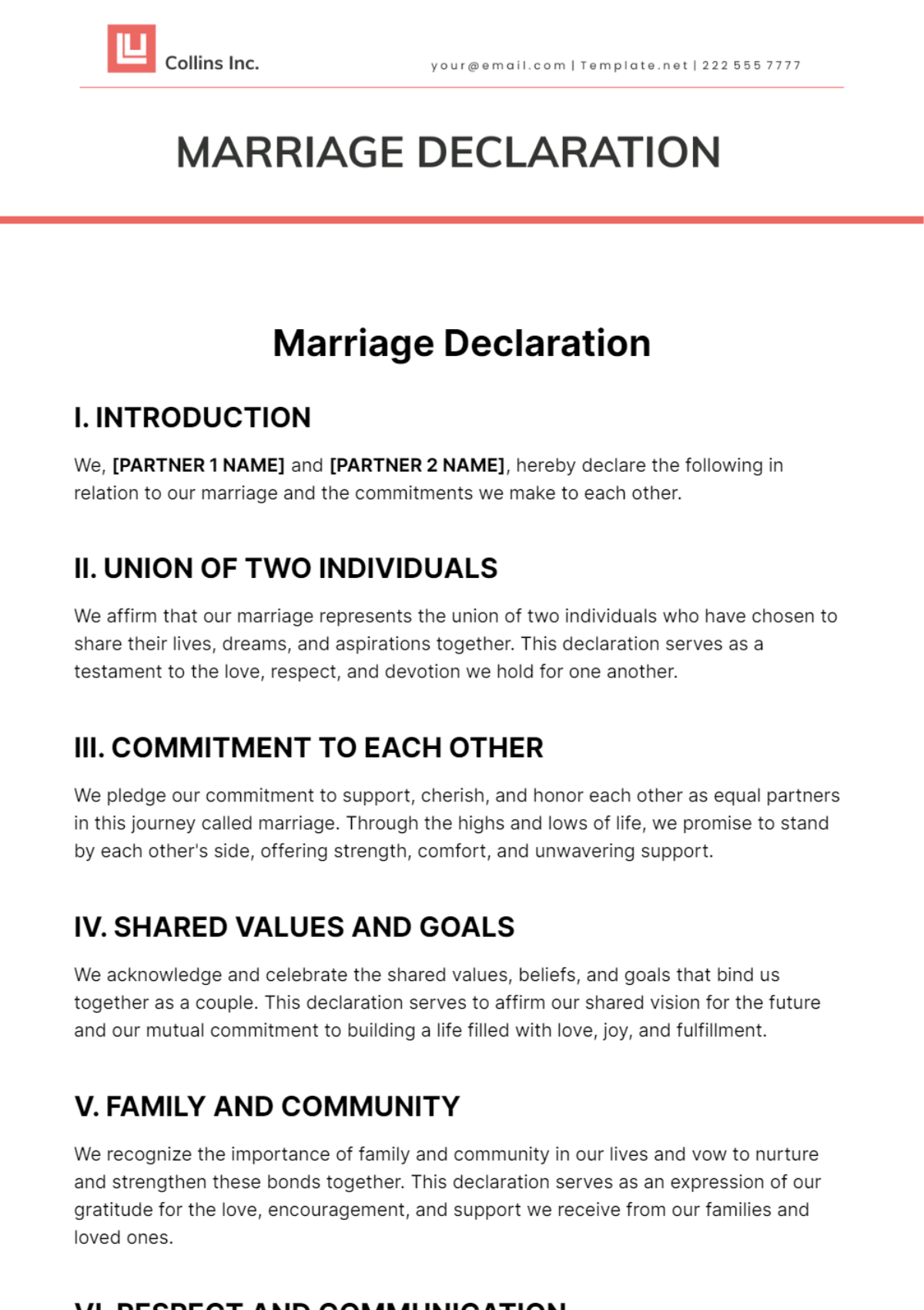 Marriage Declaration Template