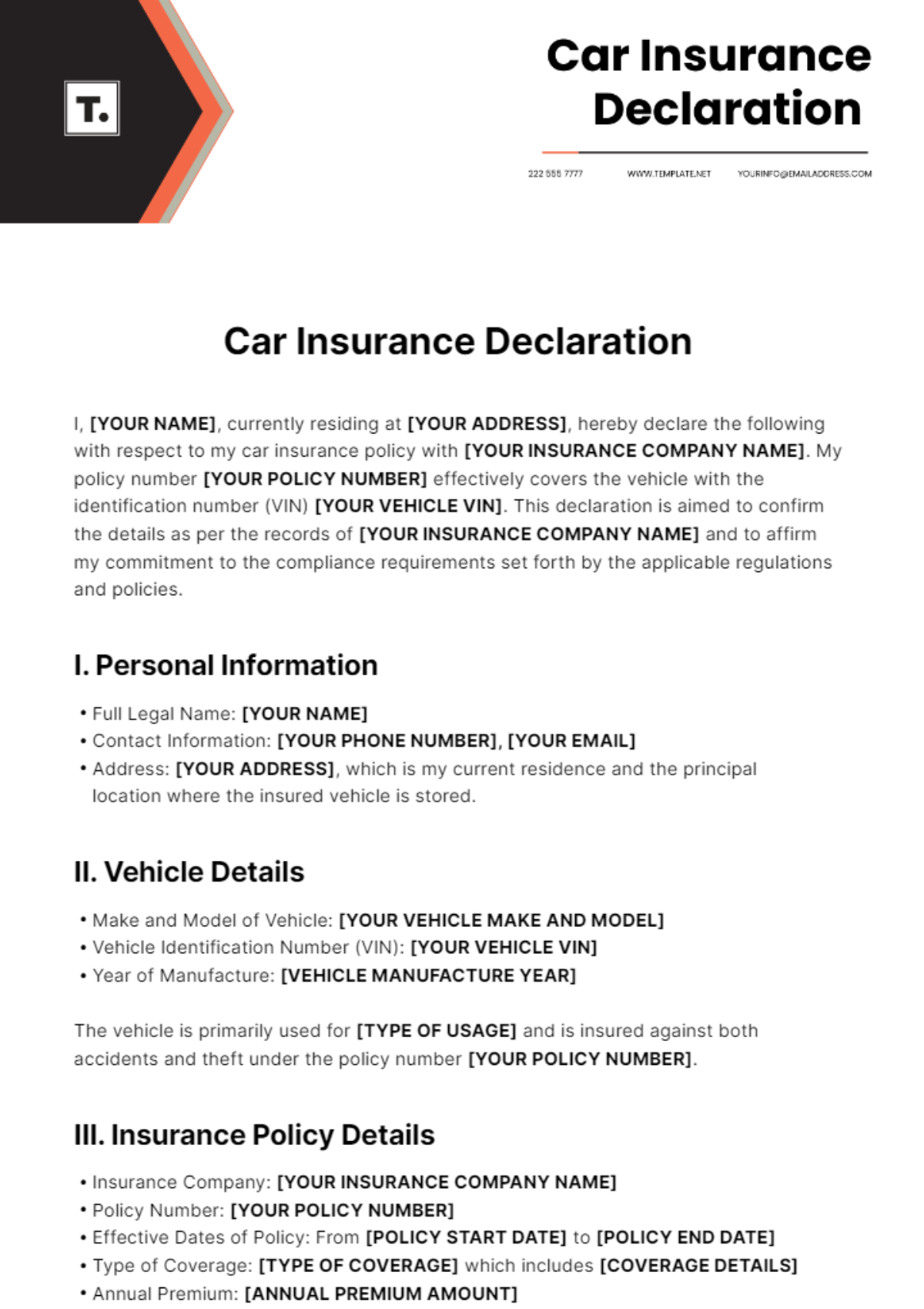 Car Insurance Declaration Template