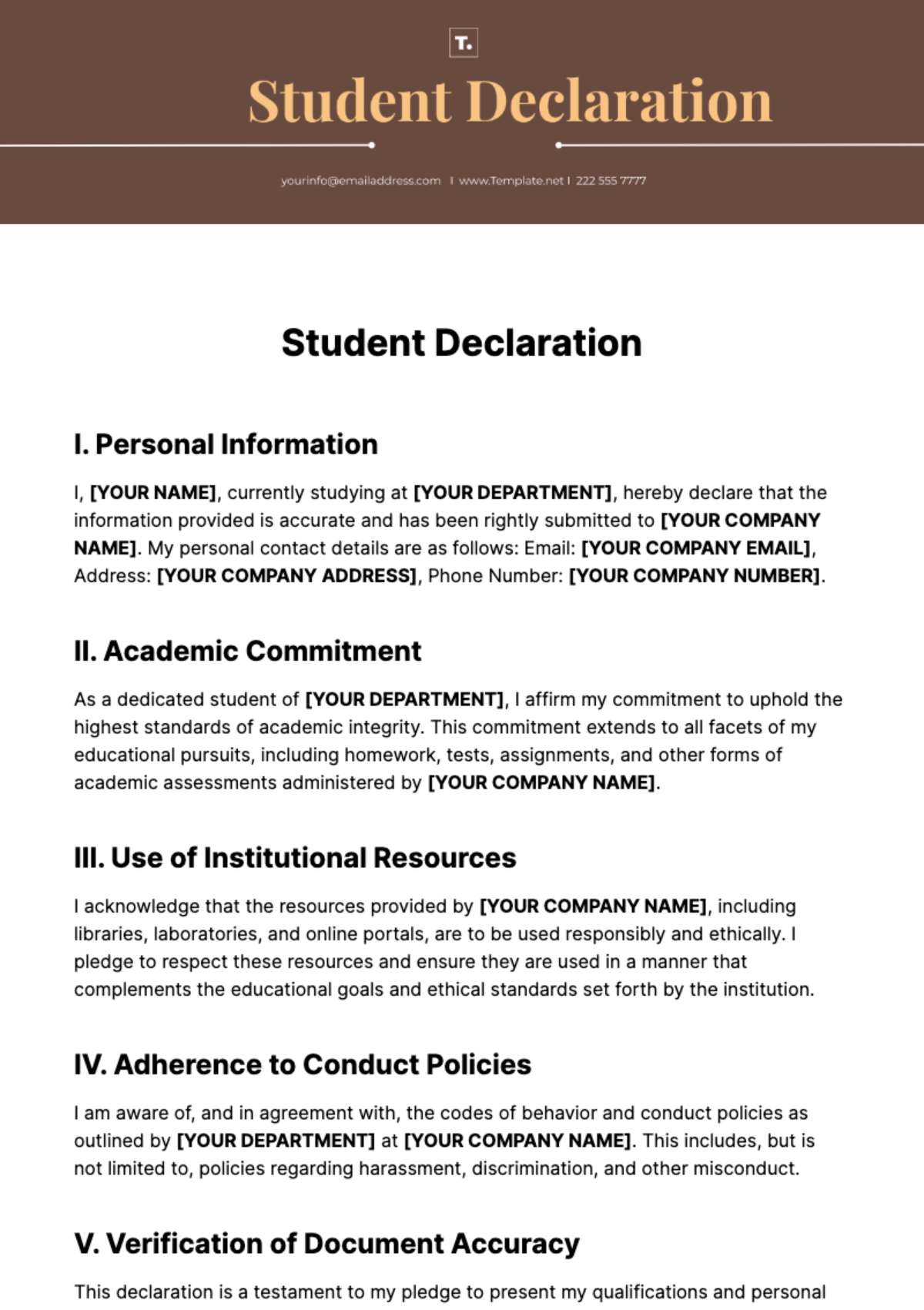 Student Declaration Template