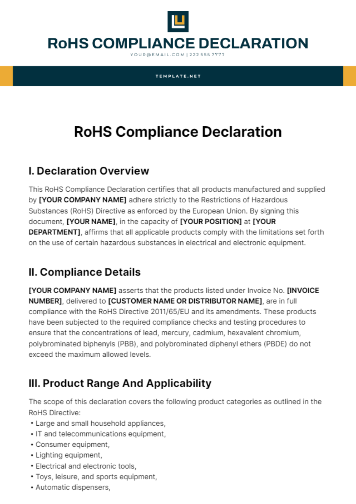 Rohs Declaration Template