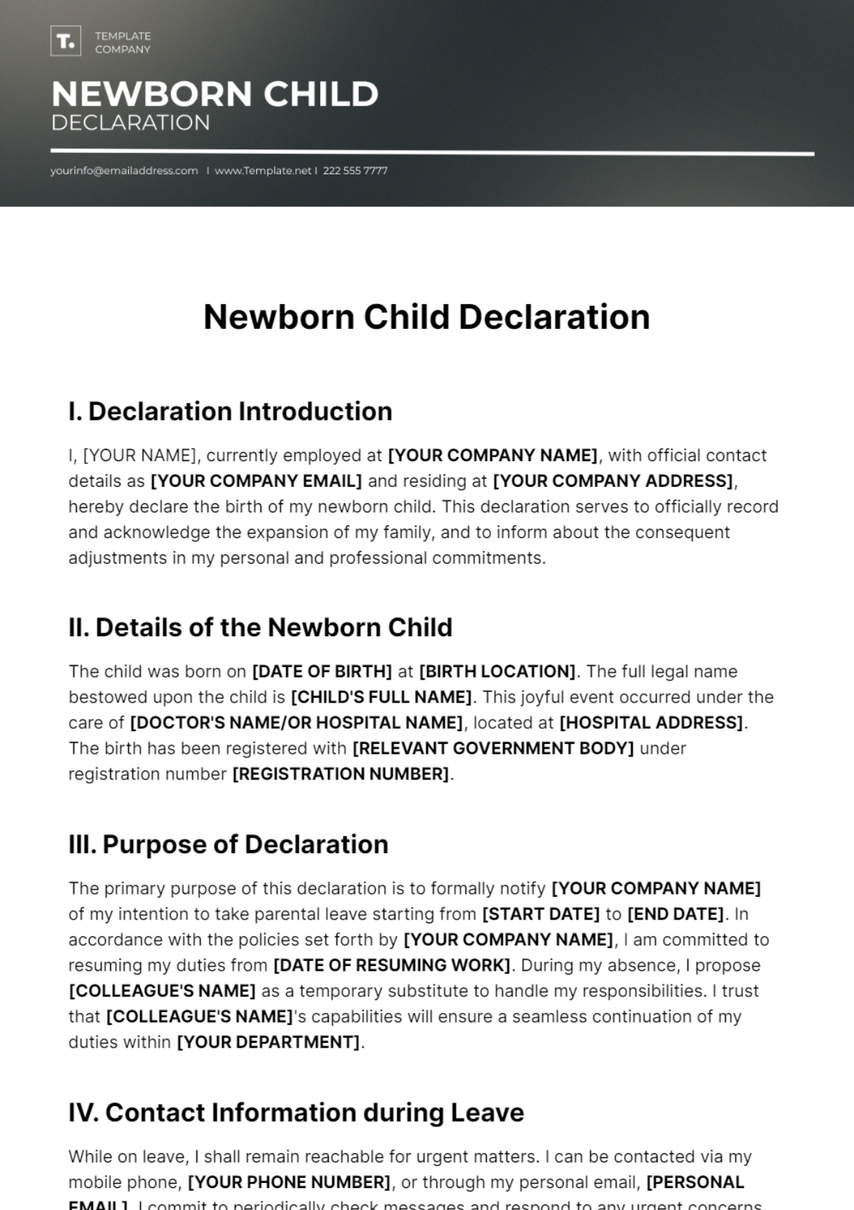Newborn Child Declaration Template