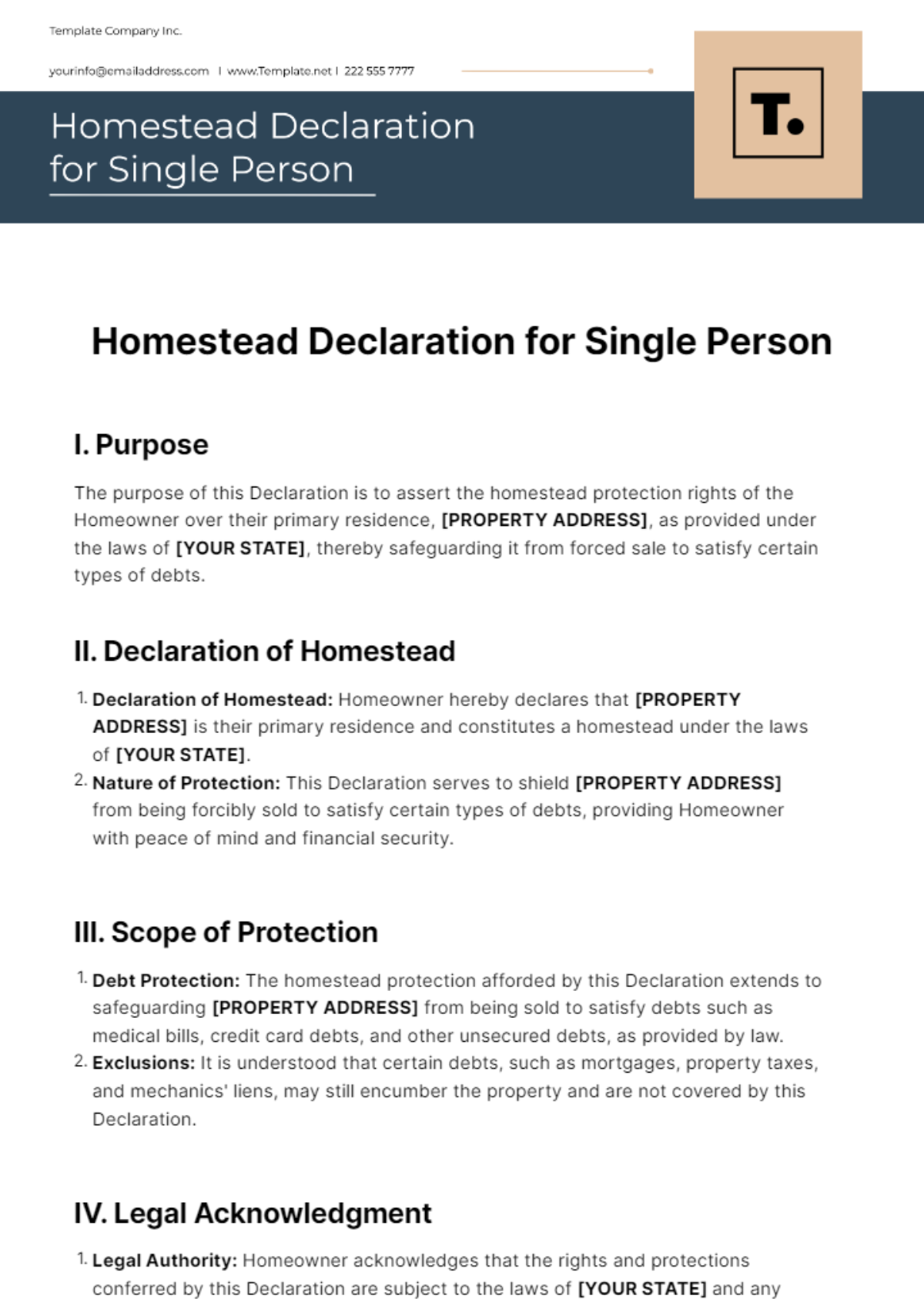 Homestead Declaration for Single Person Template