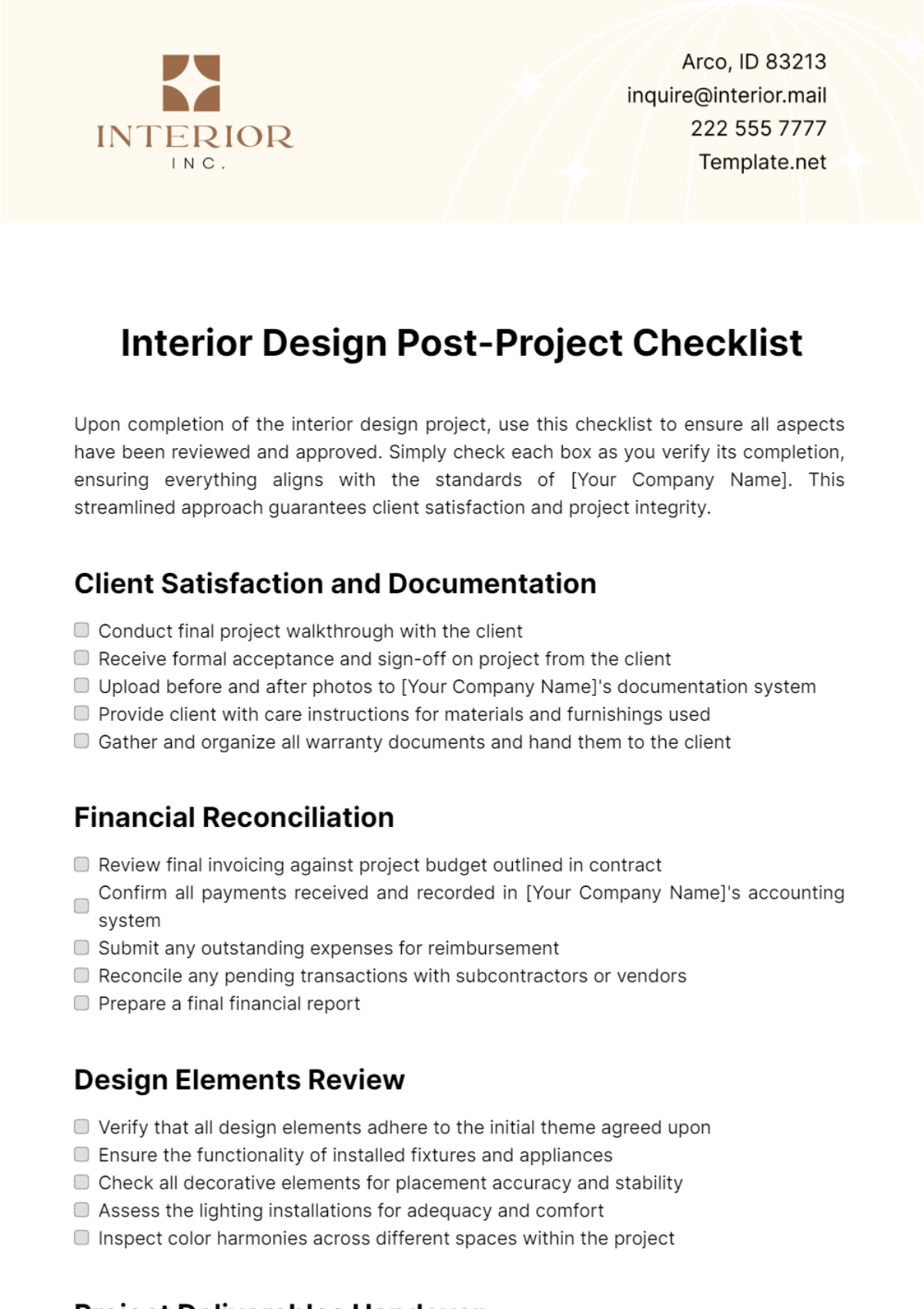 Interior Design Post-Project Checklist Template