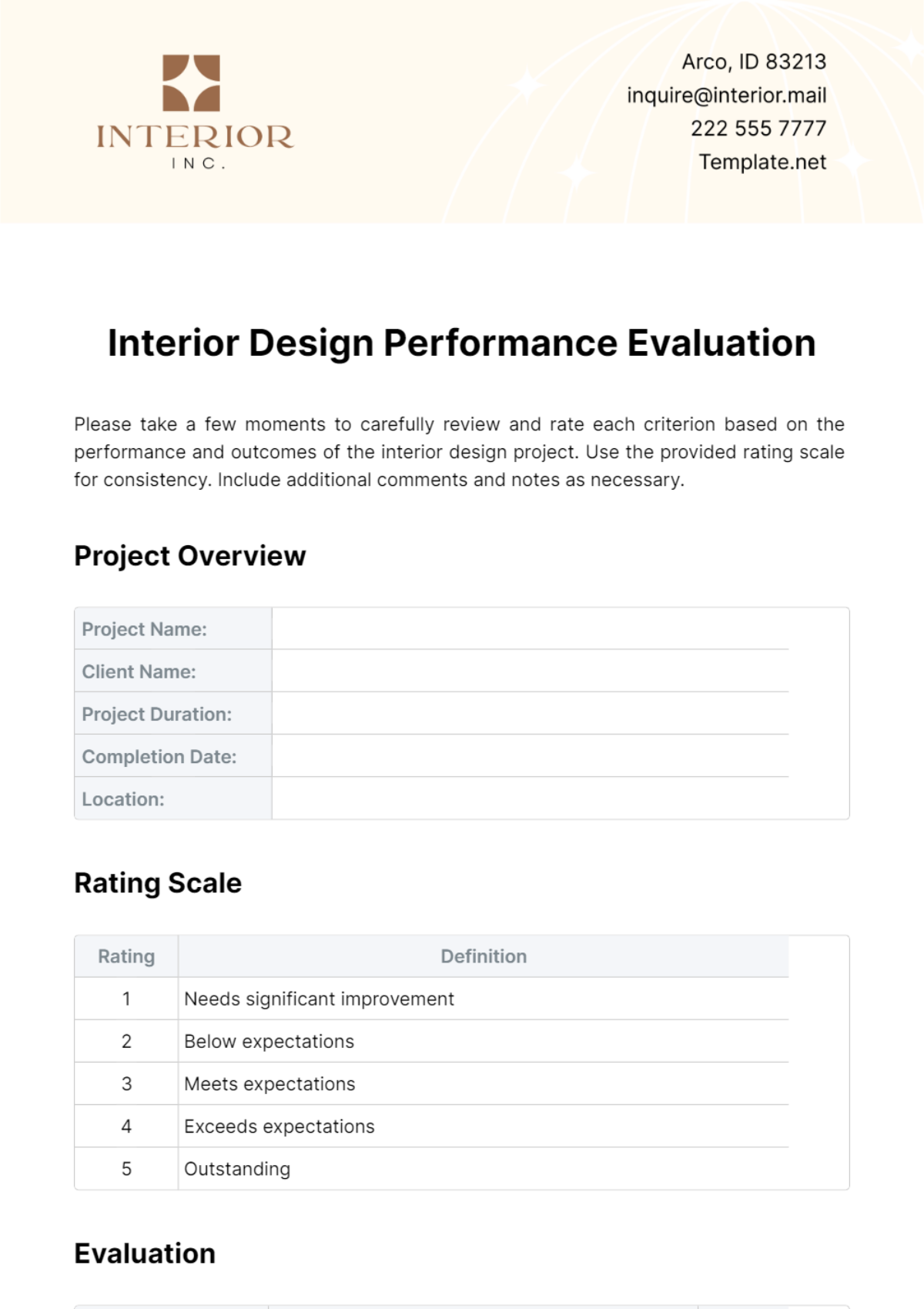 Interior Design Performance Evaluation Template