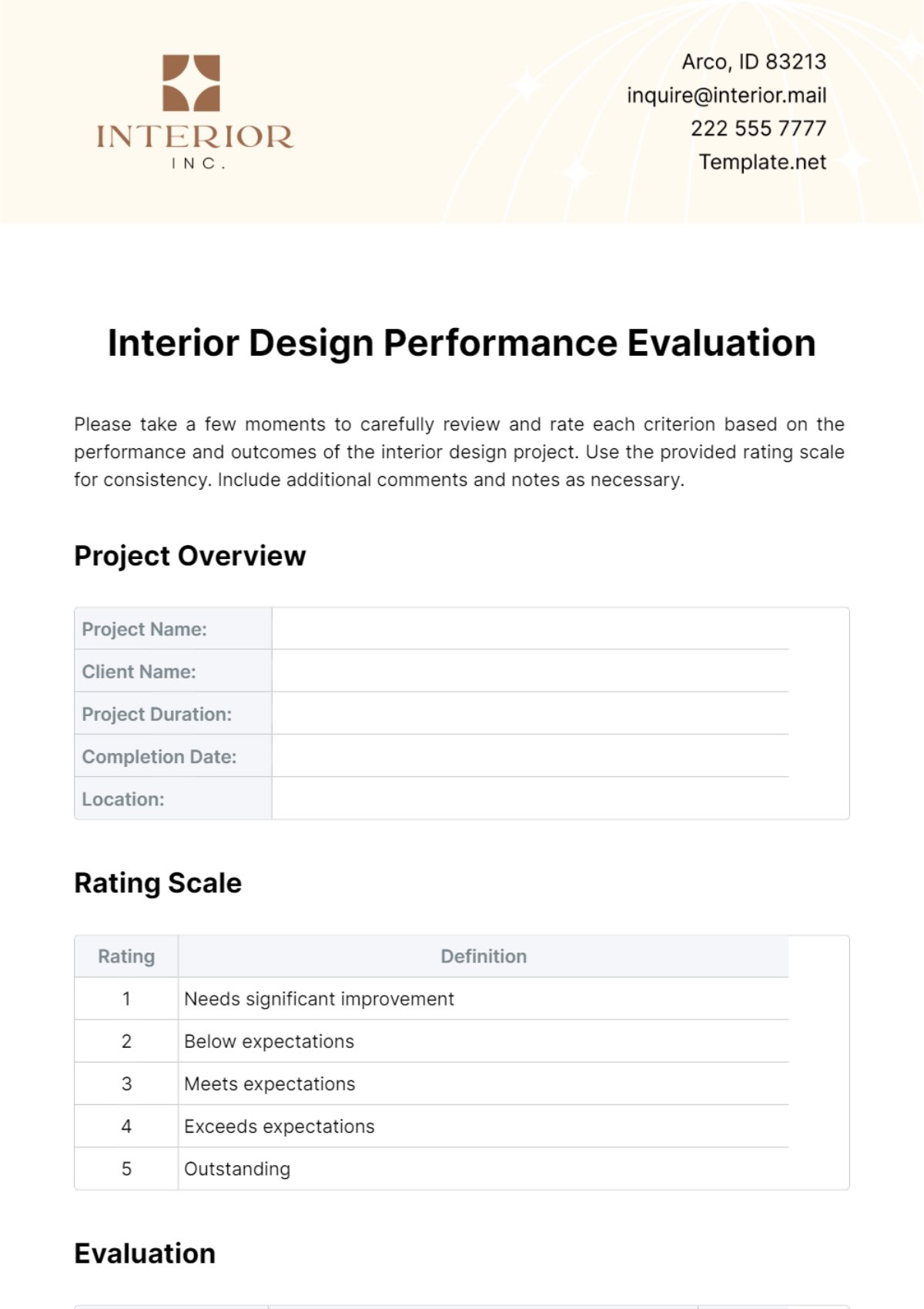 Interior Design Performance Evaluation Template - Edit Online & Download