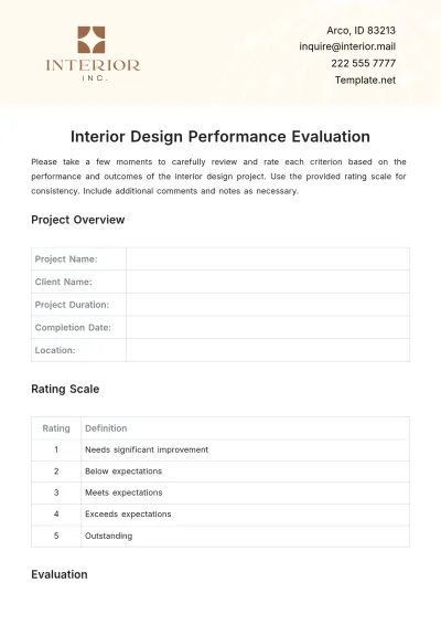 Free Interior Design Performance Evaluation Template to Edit Online