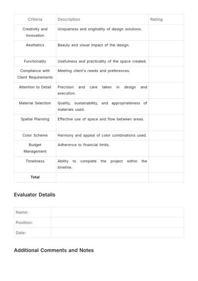 Free Interior Design Performance Evaluation Template to Edit Online