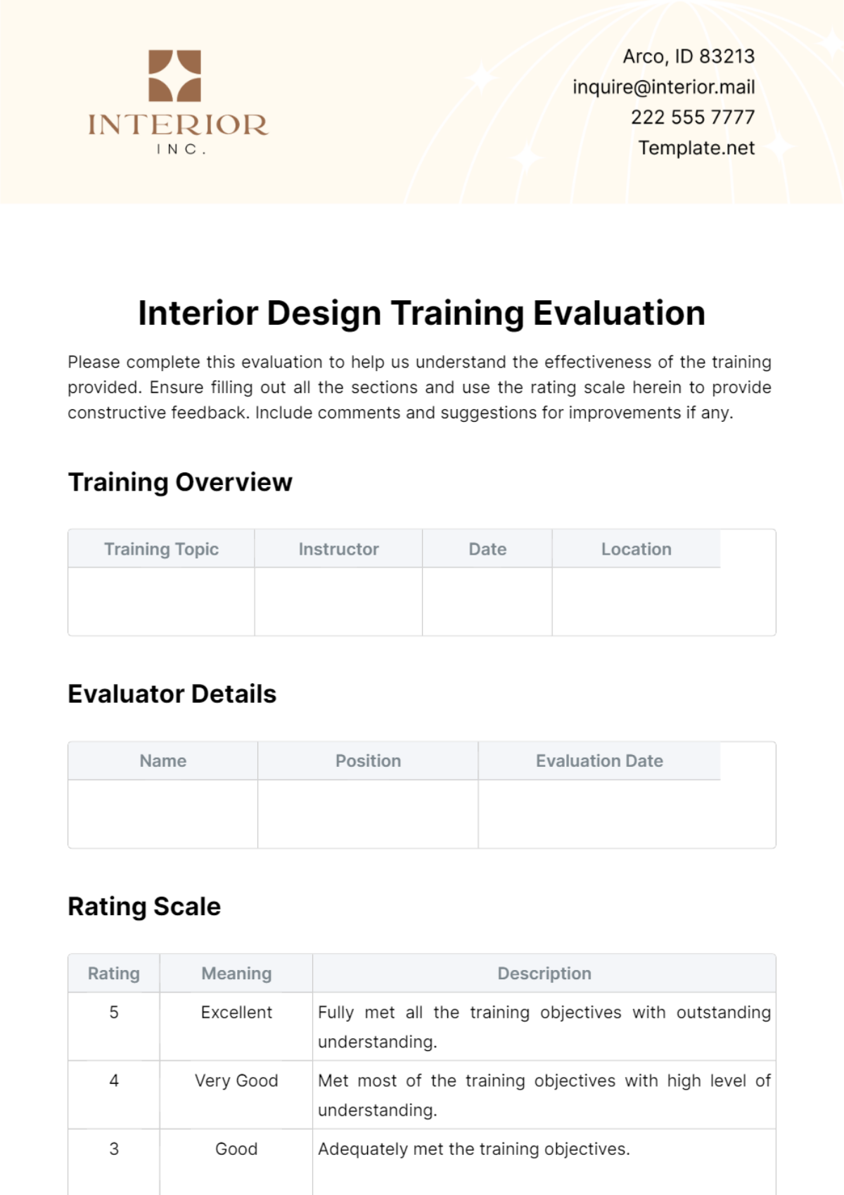 Interior Design Training Evaluation Template - Edit Online & Download