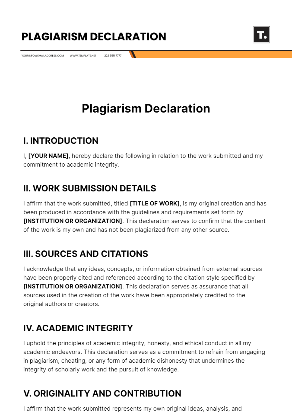 Plagiarism Declaration Template
