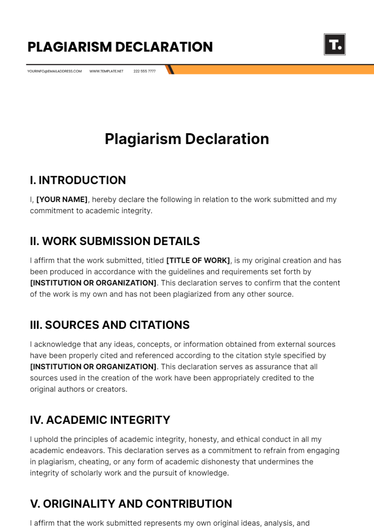 Free Plagiarism Declaration Template - Edit Online & Download ...