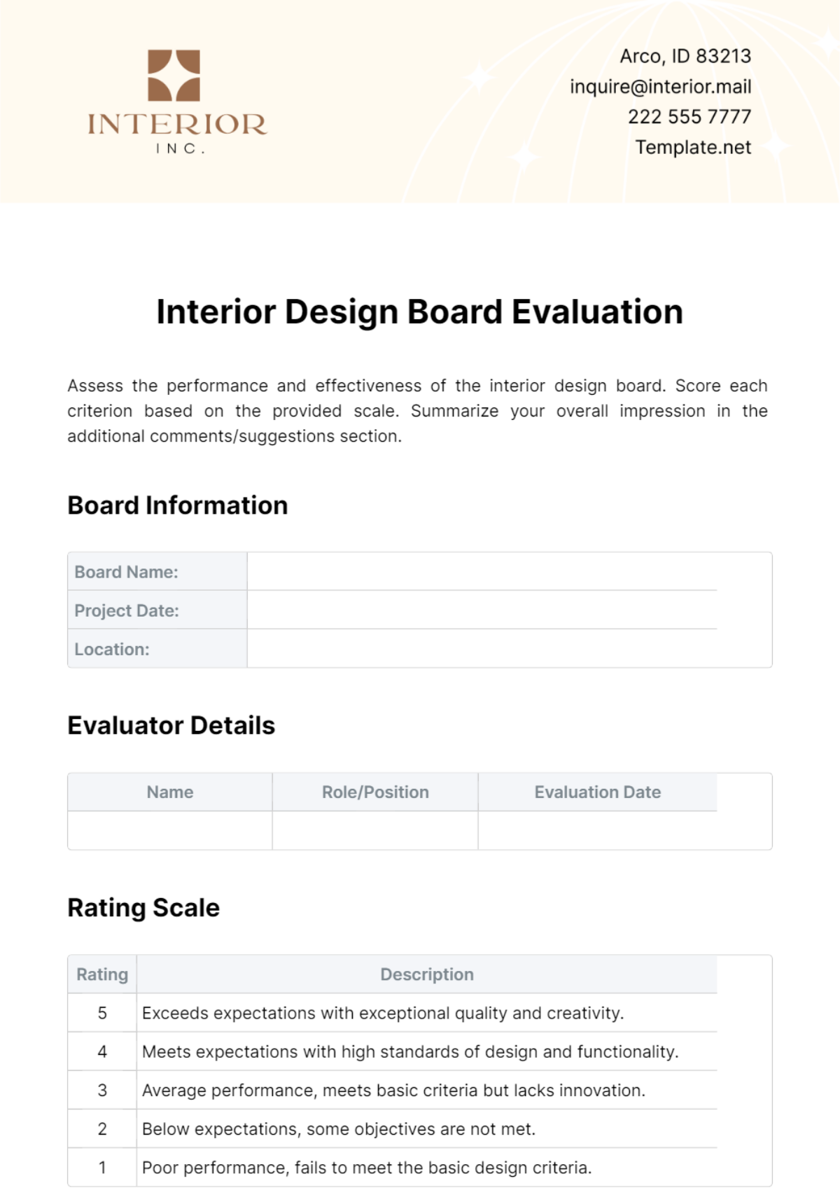 Interior Design Board Evaluation Template - Edit Online & Download