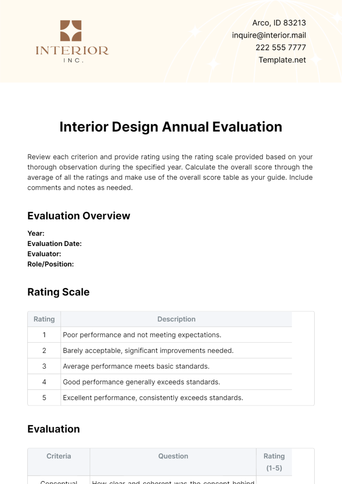 Interior Design Annual Evaluation Template - Edit Online & Download