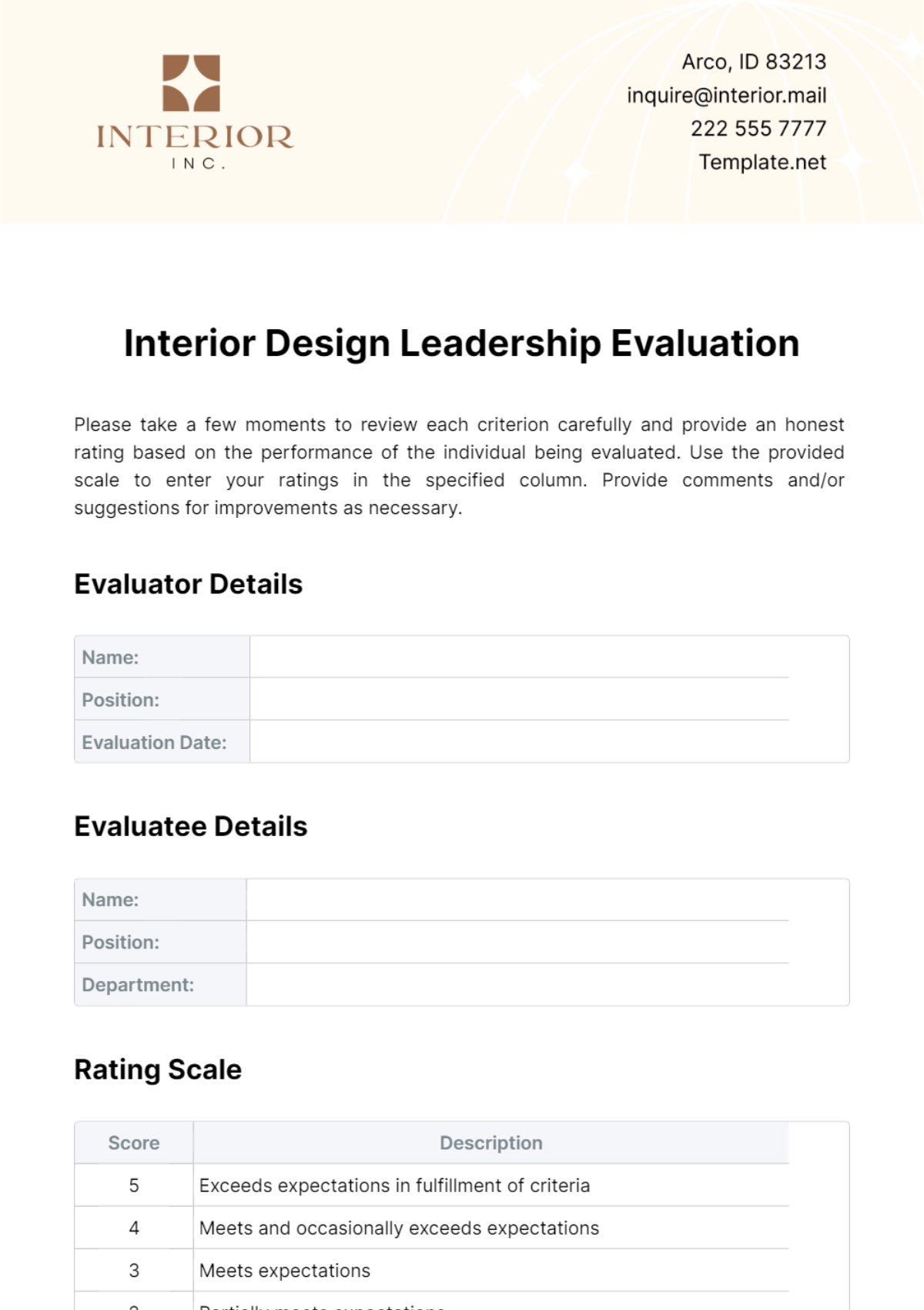Interior Design Leadership Evaluation Template