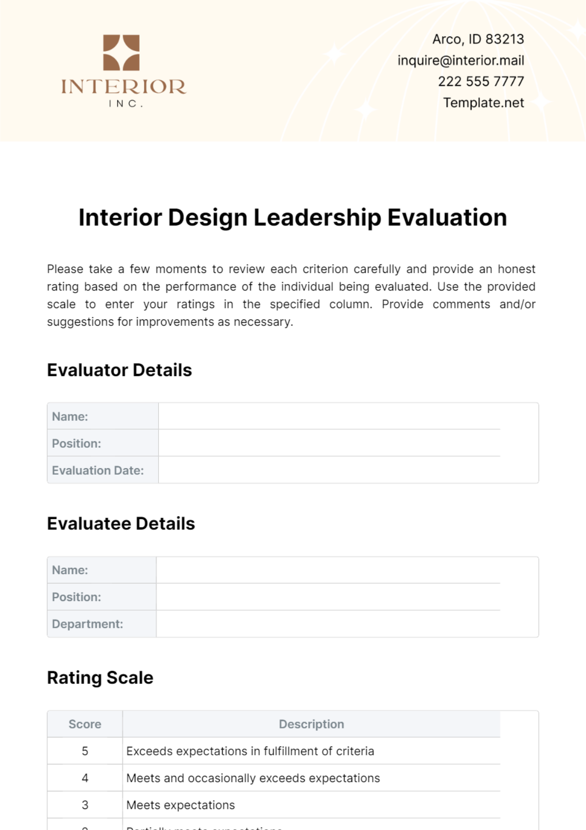 Interior Design Leadership Evaluation Template - Edit Online & Download