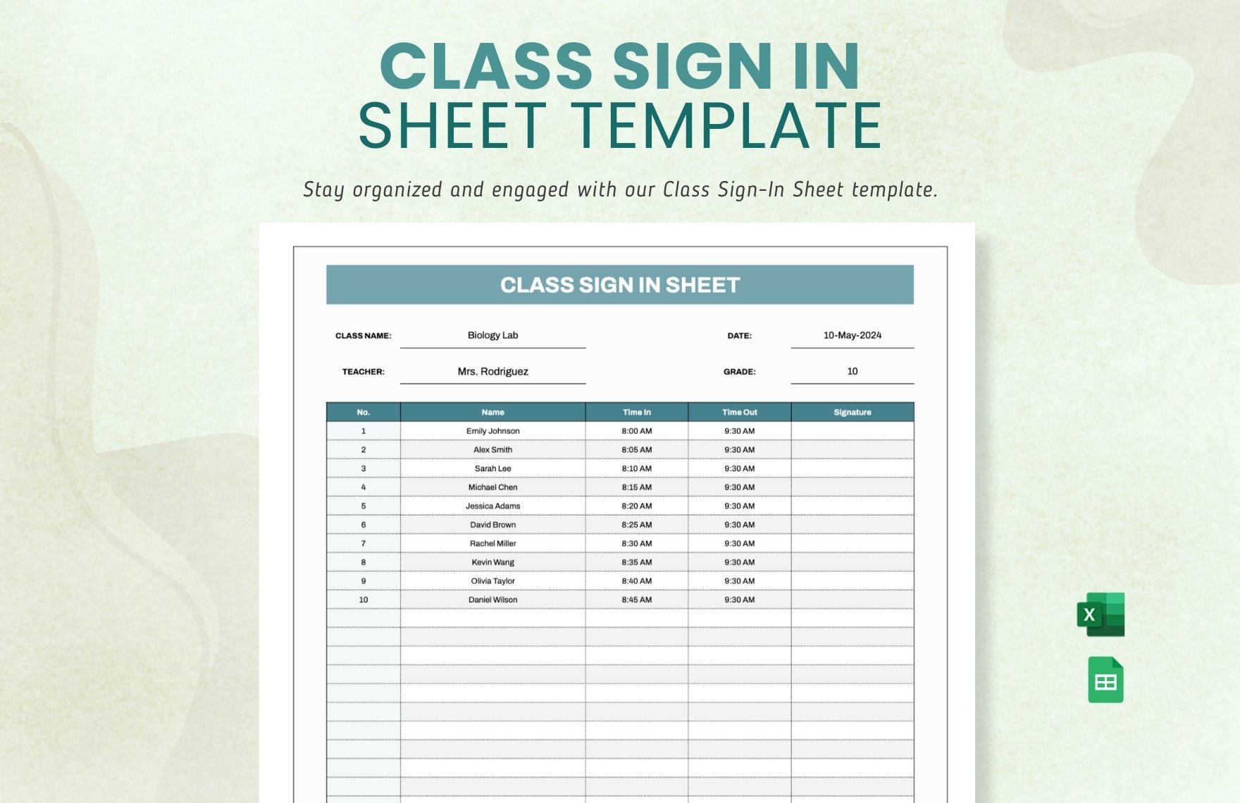 Class Sign in Sheet Template in Excel, Google Sheets