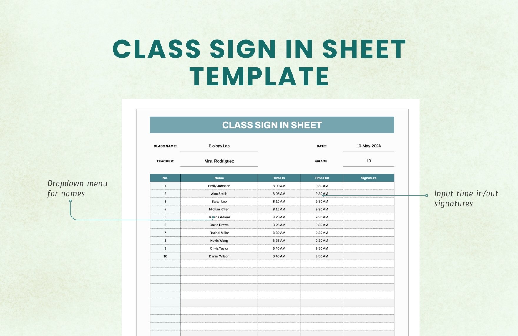 Class Sign in Sheet Template