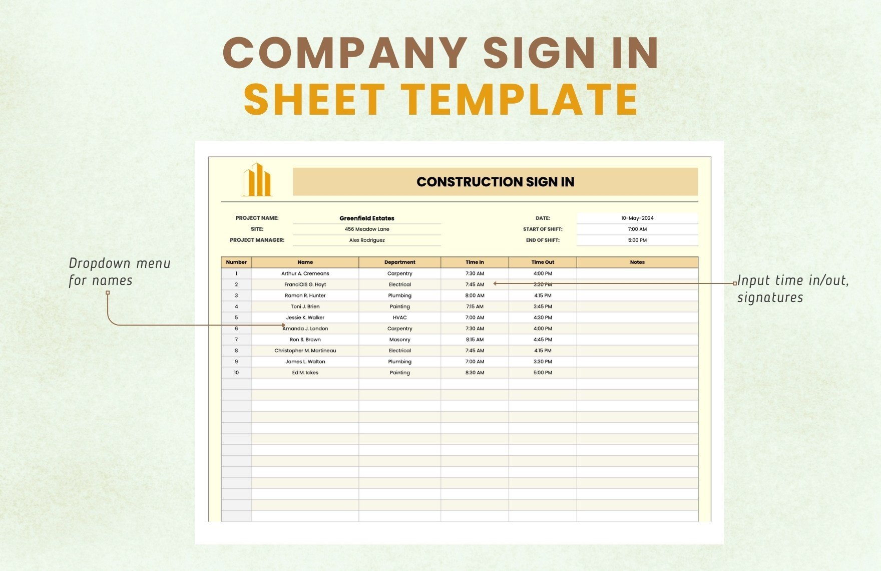 Construction Sign in Sheet Template