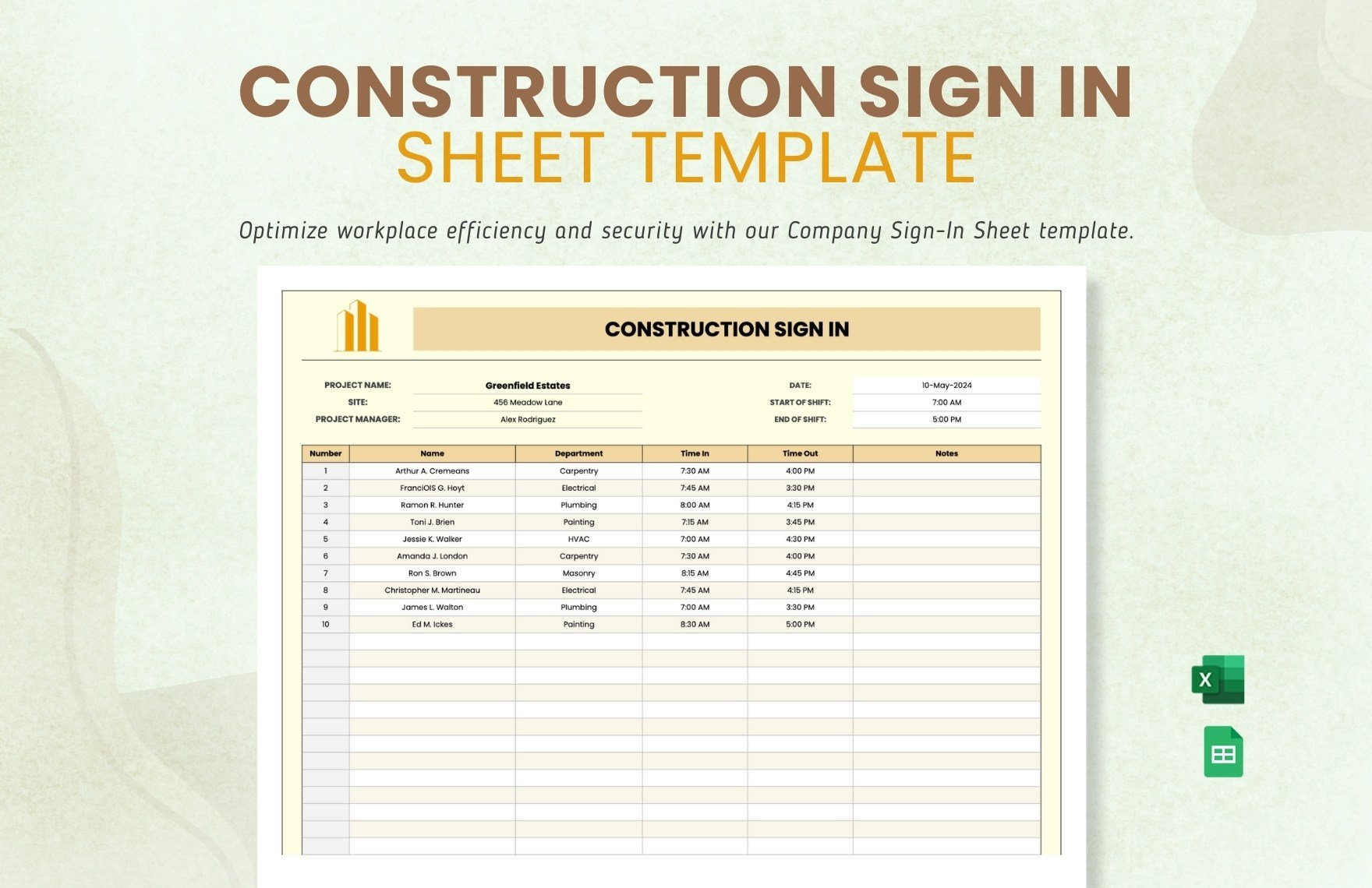 Construction Sign in Sheet Template in Excel, Google Sheets