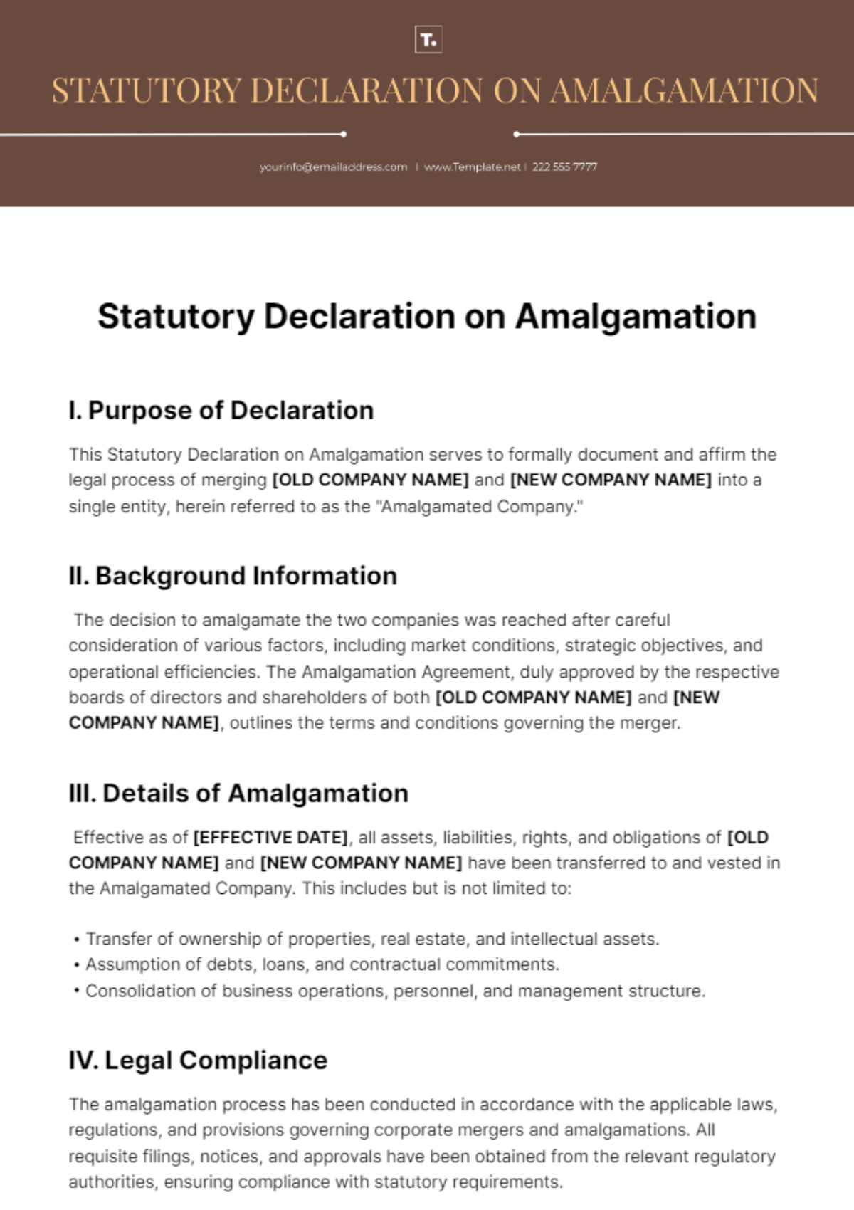 Statutory Declaration on Amalgamation Template