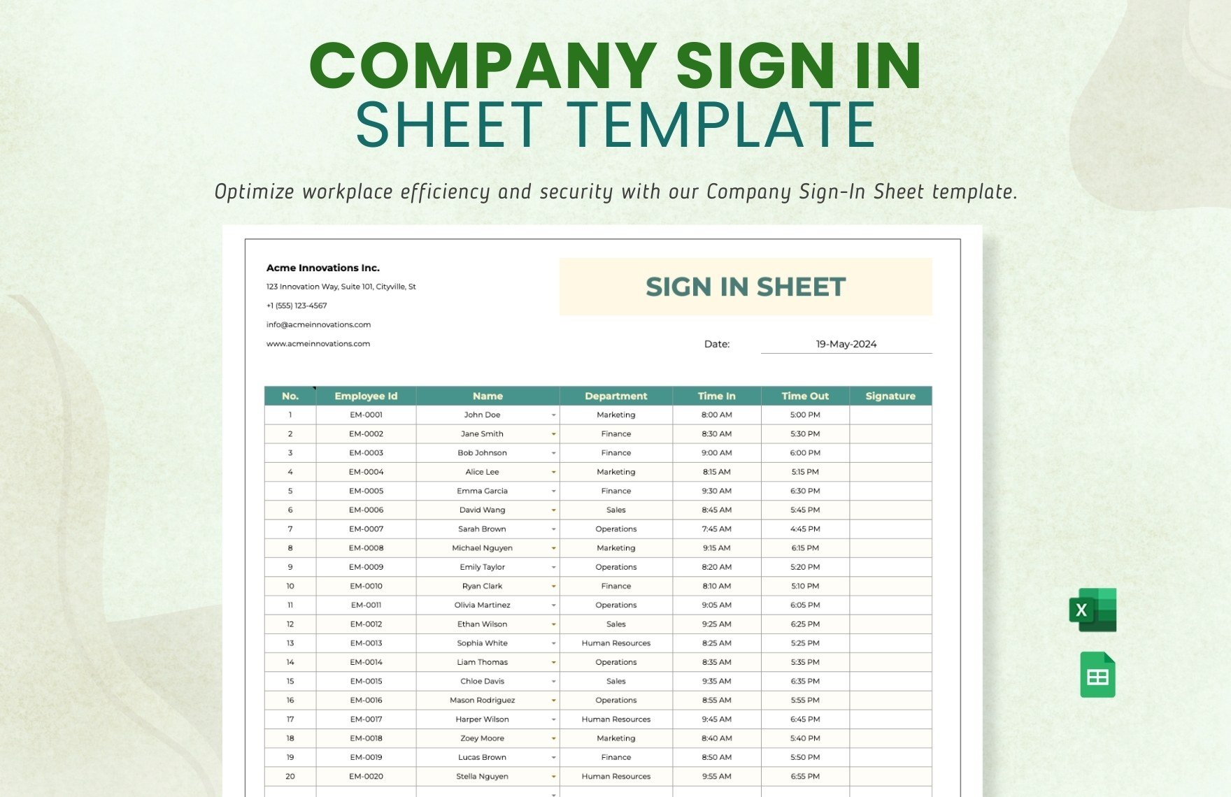 Company Sign in Sheet Template in Excel, Google Sheets