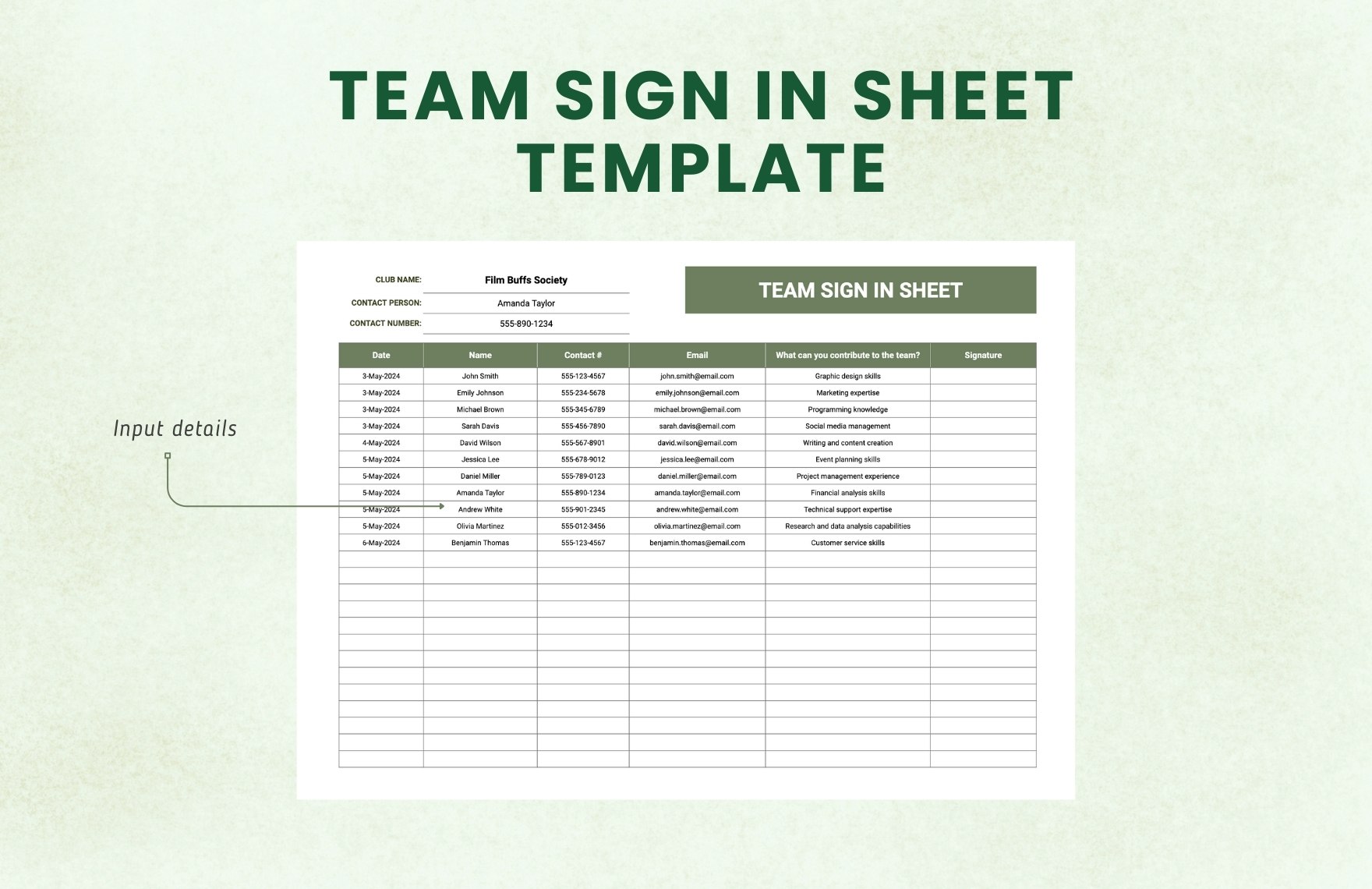 Team Sign in Sheet Template