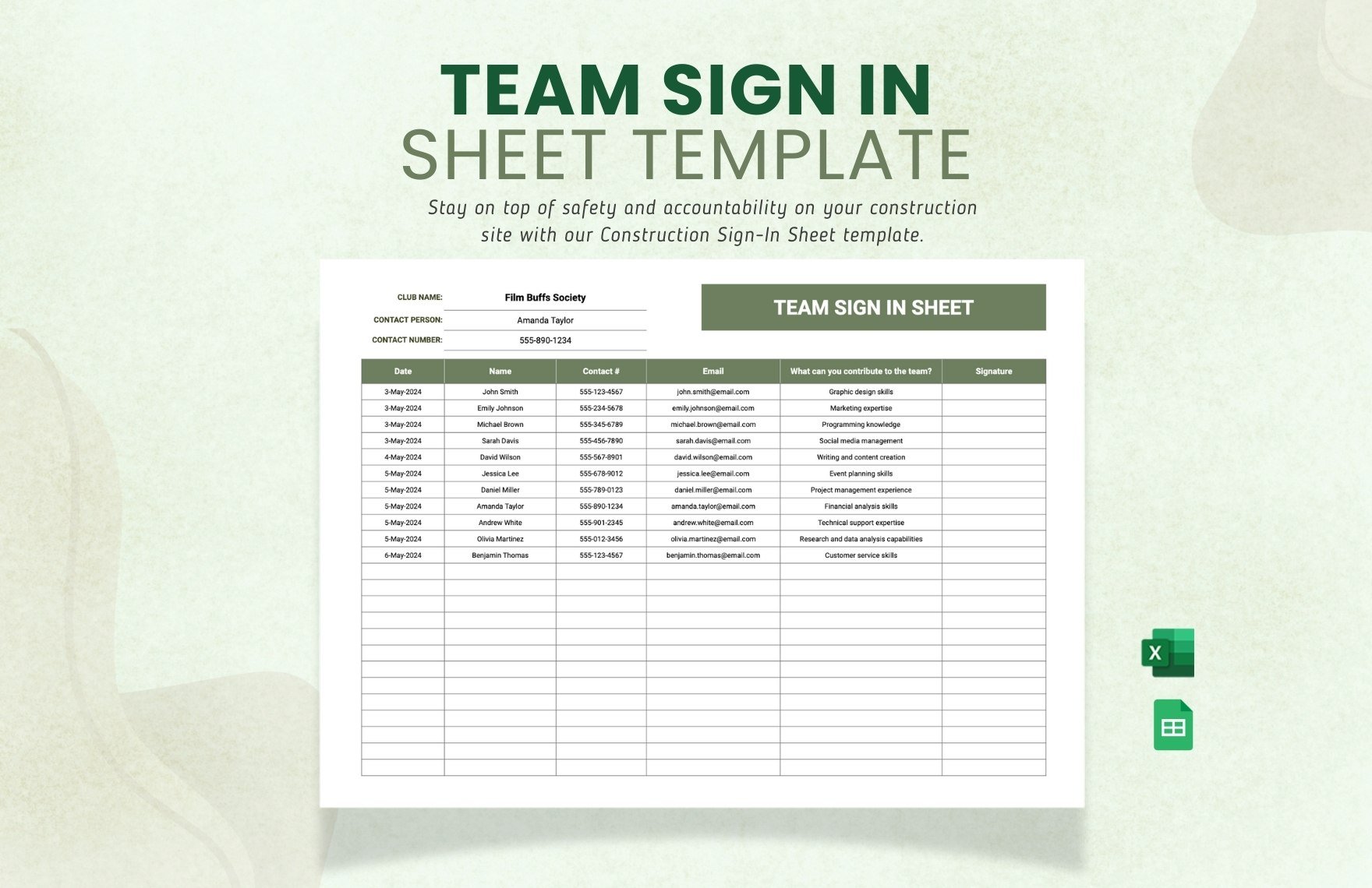 Team Sign in Sheet Template in Excel, Google Sheets
