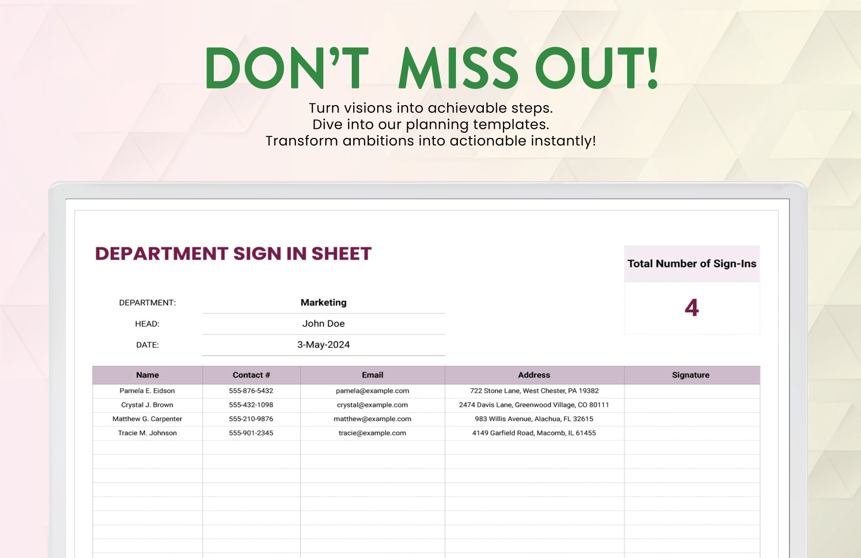 Department Sign in Sheet Template