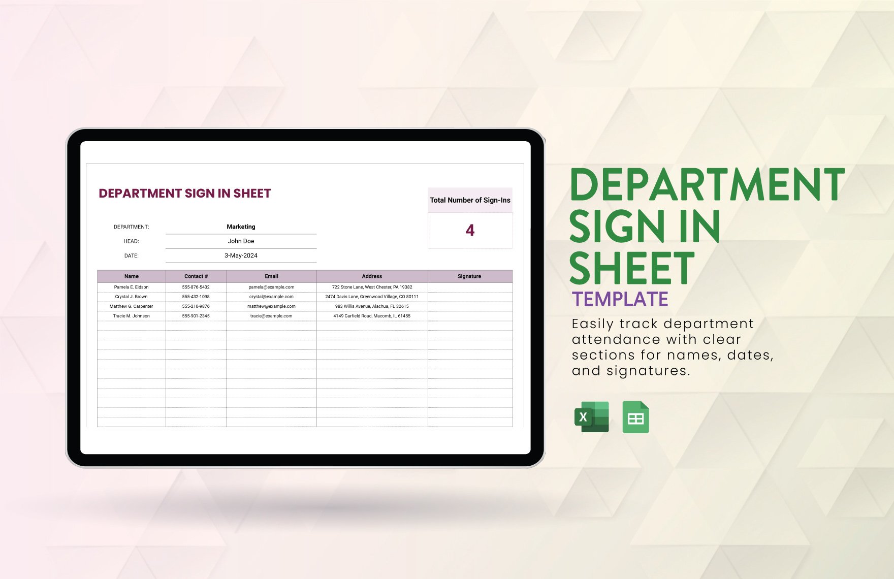 Department Sign in Sheet Template in Excel, Google Sheets