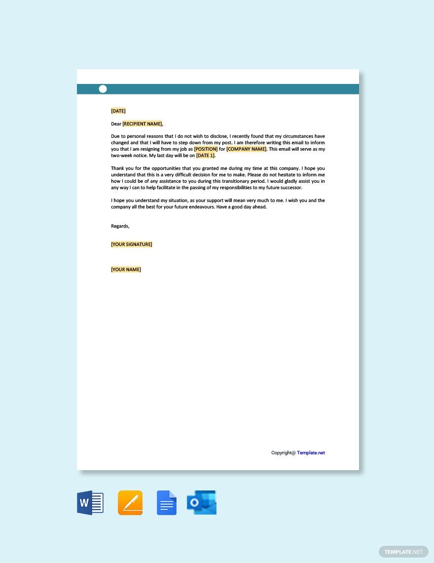 Email Resignation Letter for Personal Reasons Template in Word, Google Docs, PDF, Apple Pages