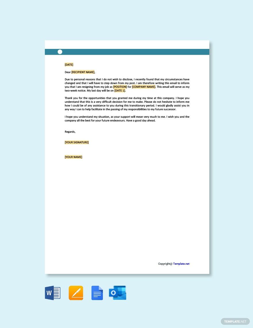 Email Resignation Letter for Personal Reasons Template in Word, Google Docs, Pages, PDF - Download | Template.net