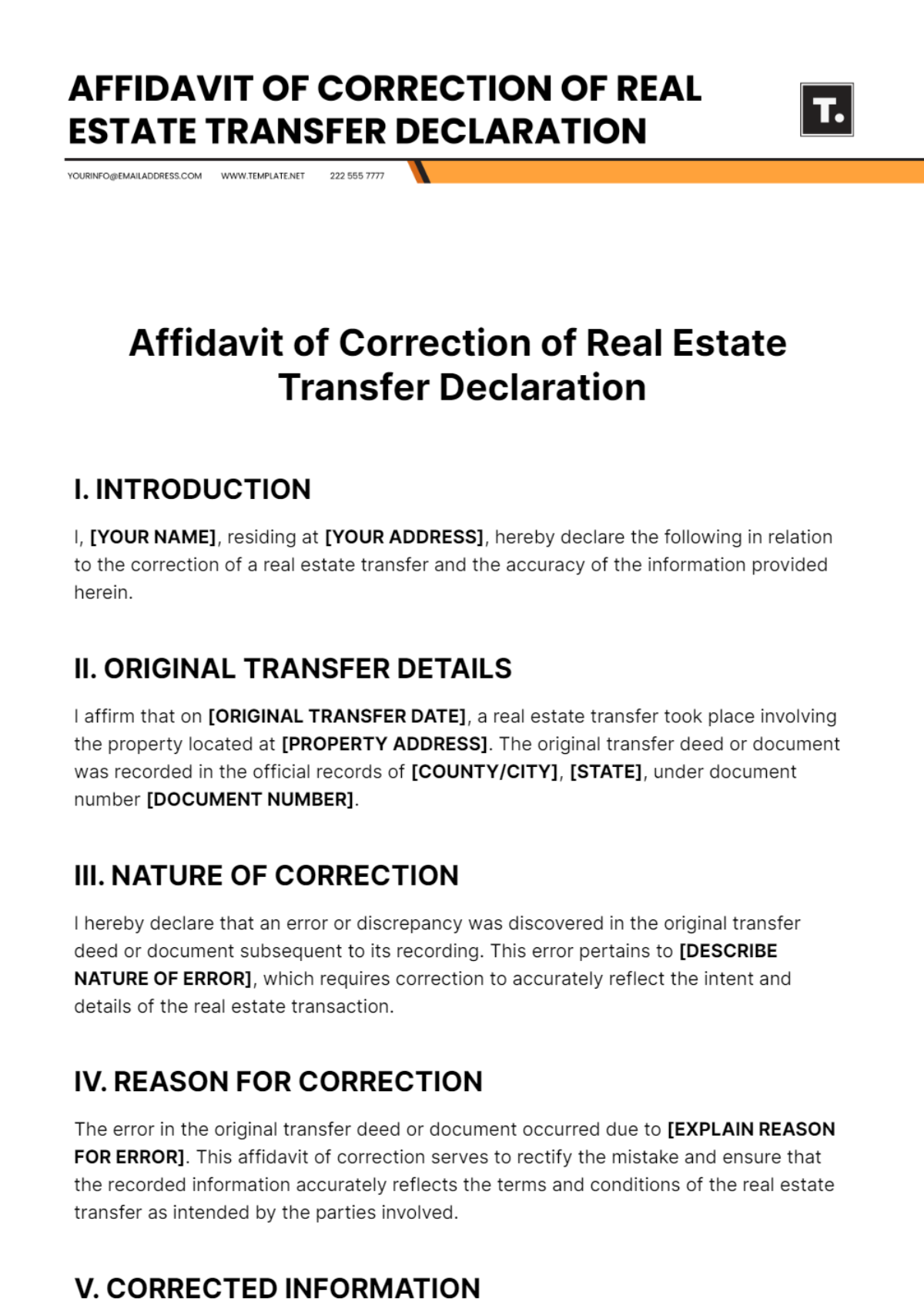 Affidavit of Correction of Real Estate Transfer Declaration Template