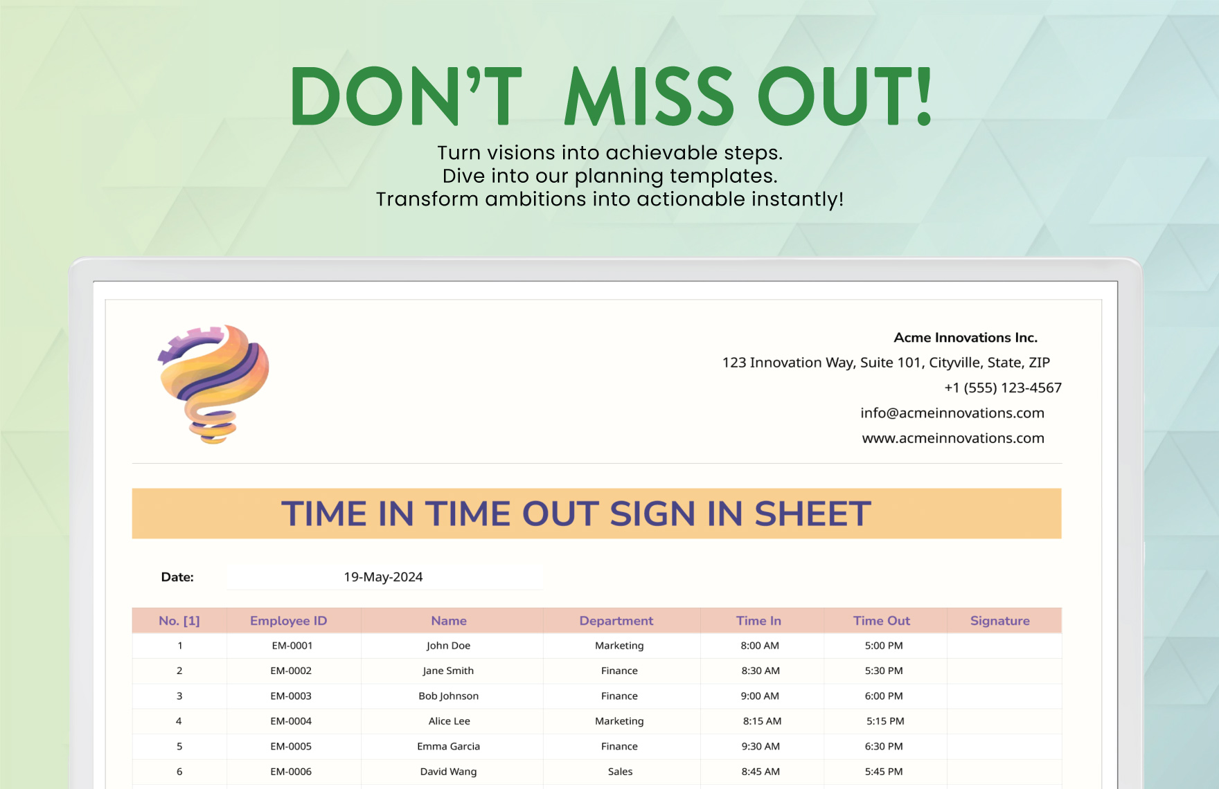 Time In Time Out Sign in Sheet Template