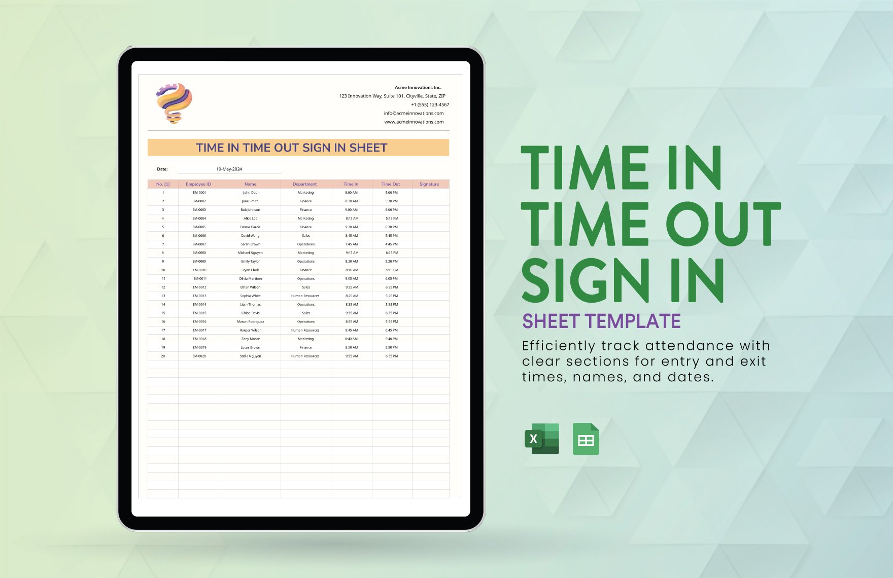 Time In Time Out Sign in Sheet Template in Excel, Google Sheets