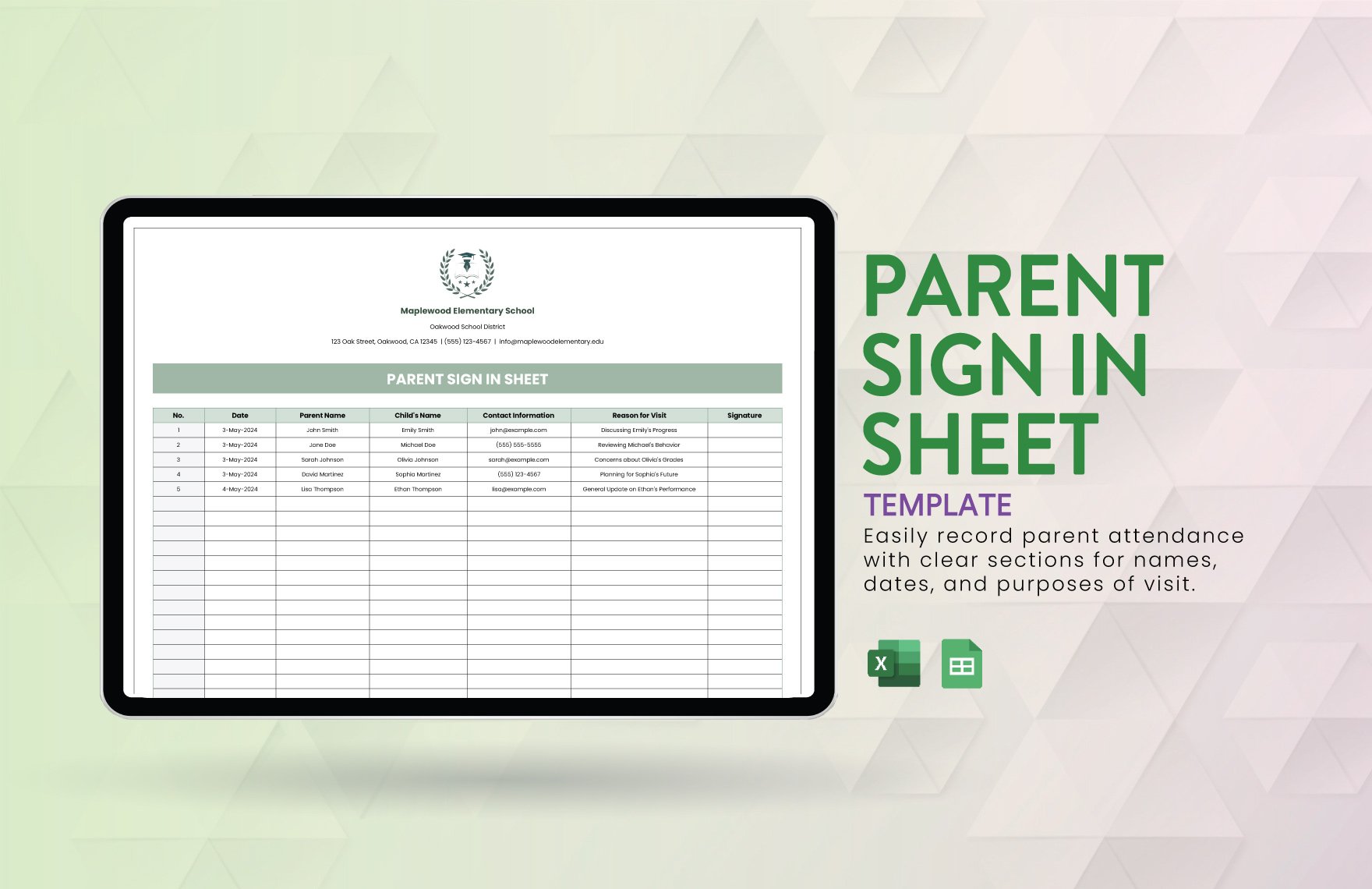 Parent Sign in Sheet Template in Excel, Google Sheets