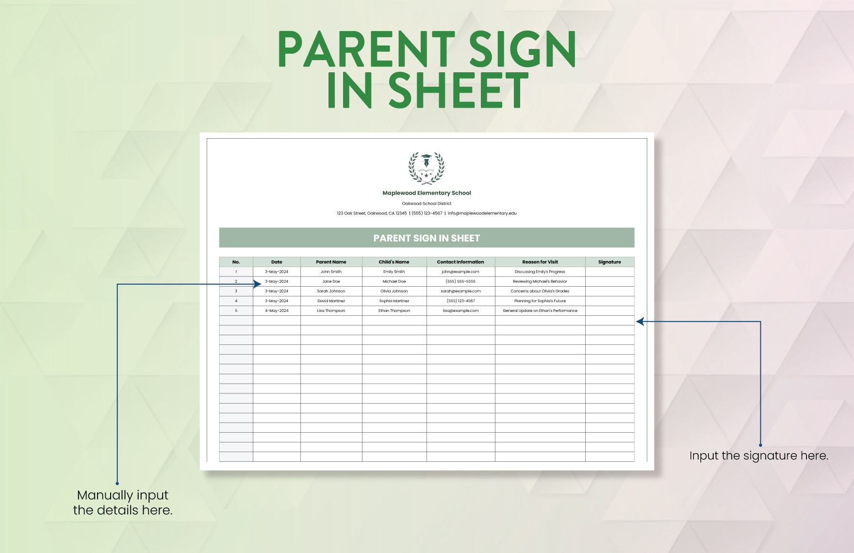 Parent Sign in Sheet Template