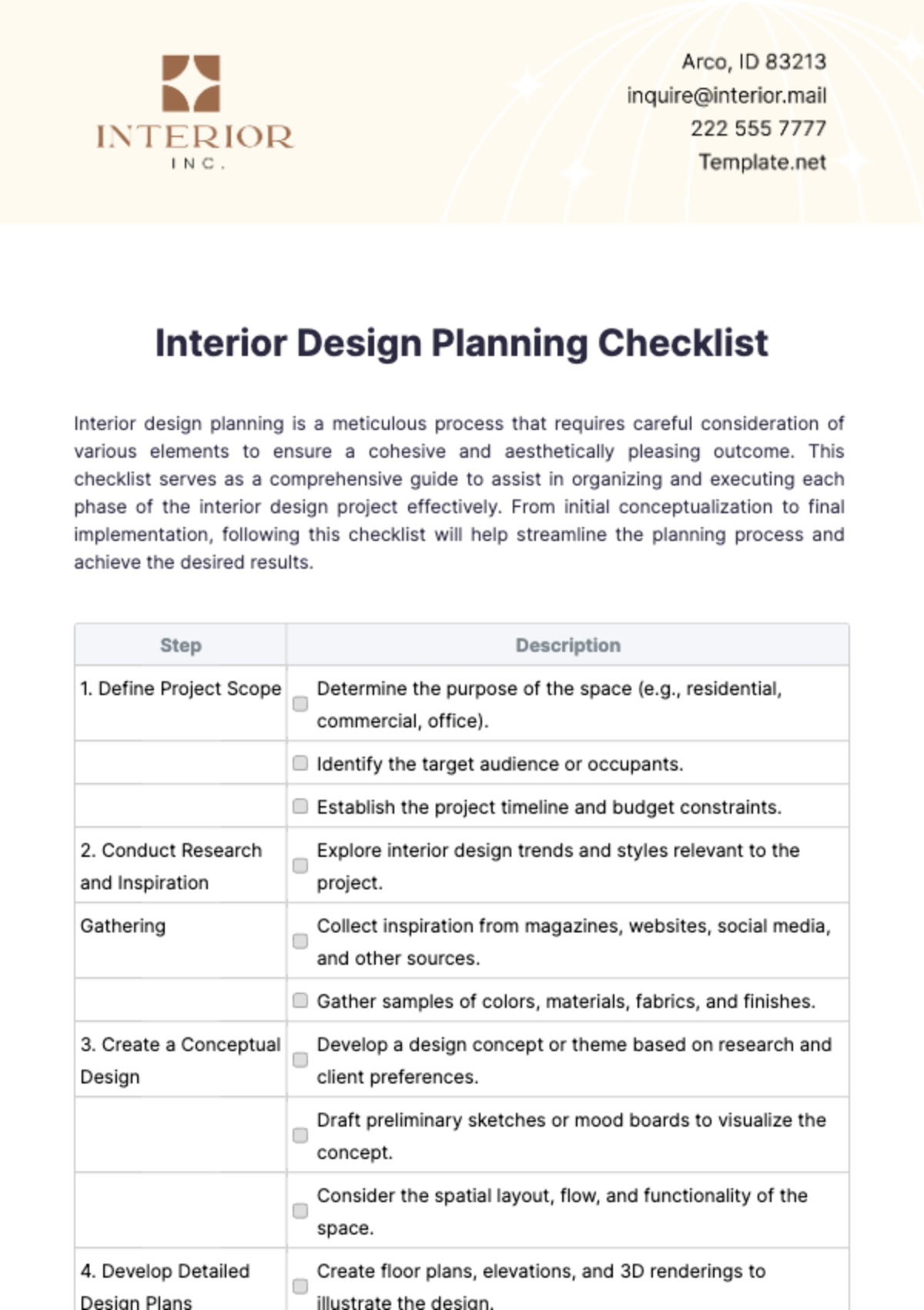 Interior Design Planning Checklist Template - Edit Online & Download