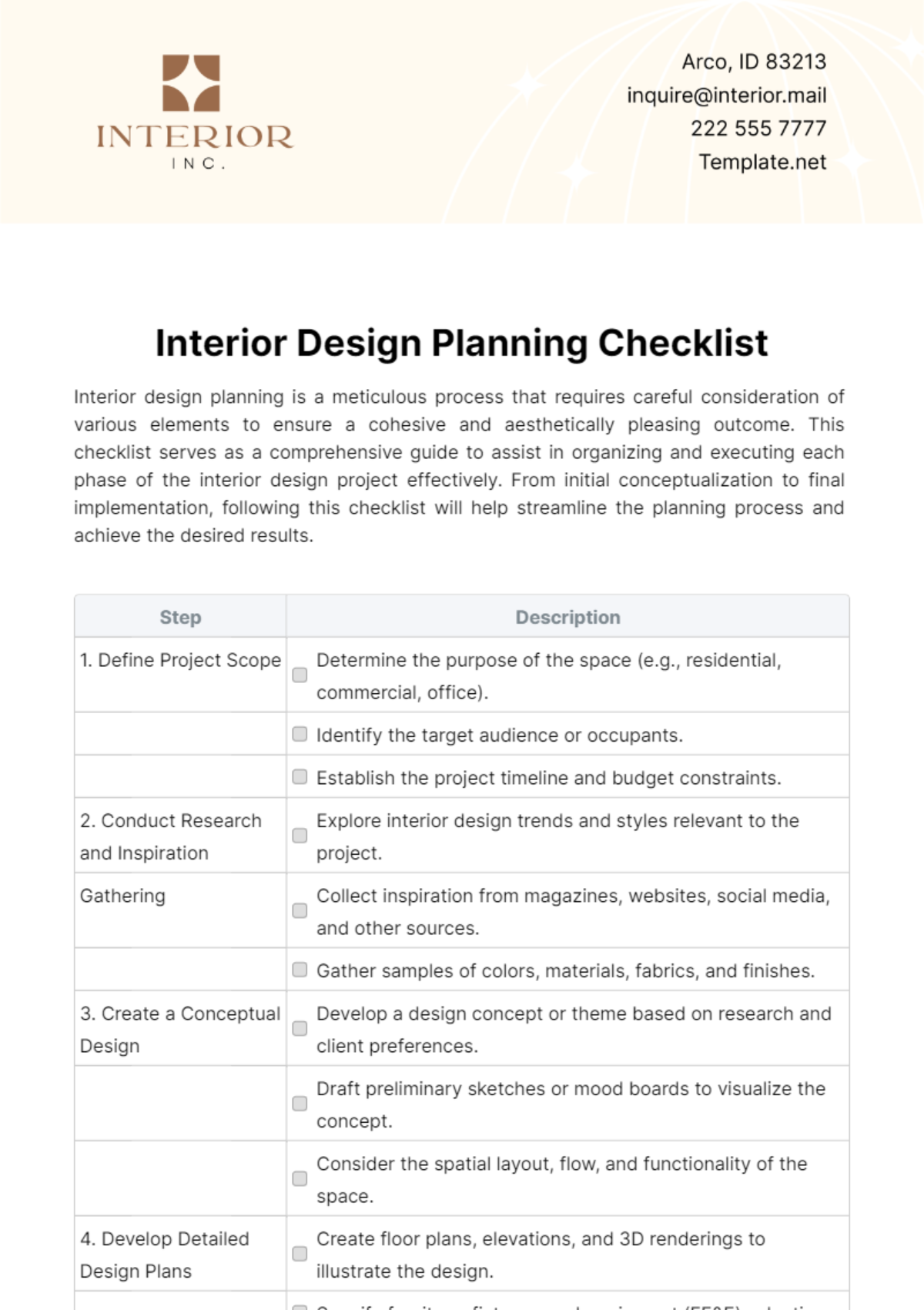 Interior Design Planning Checklist Template