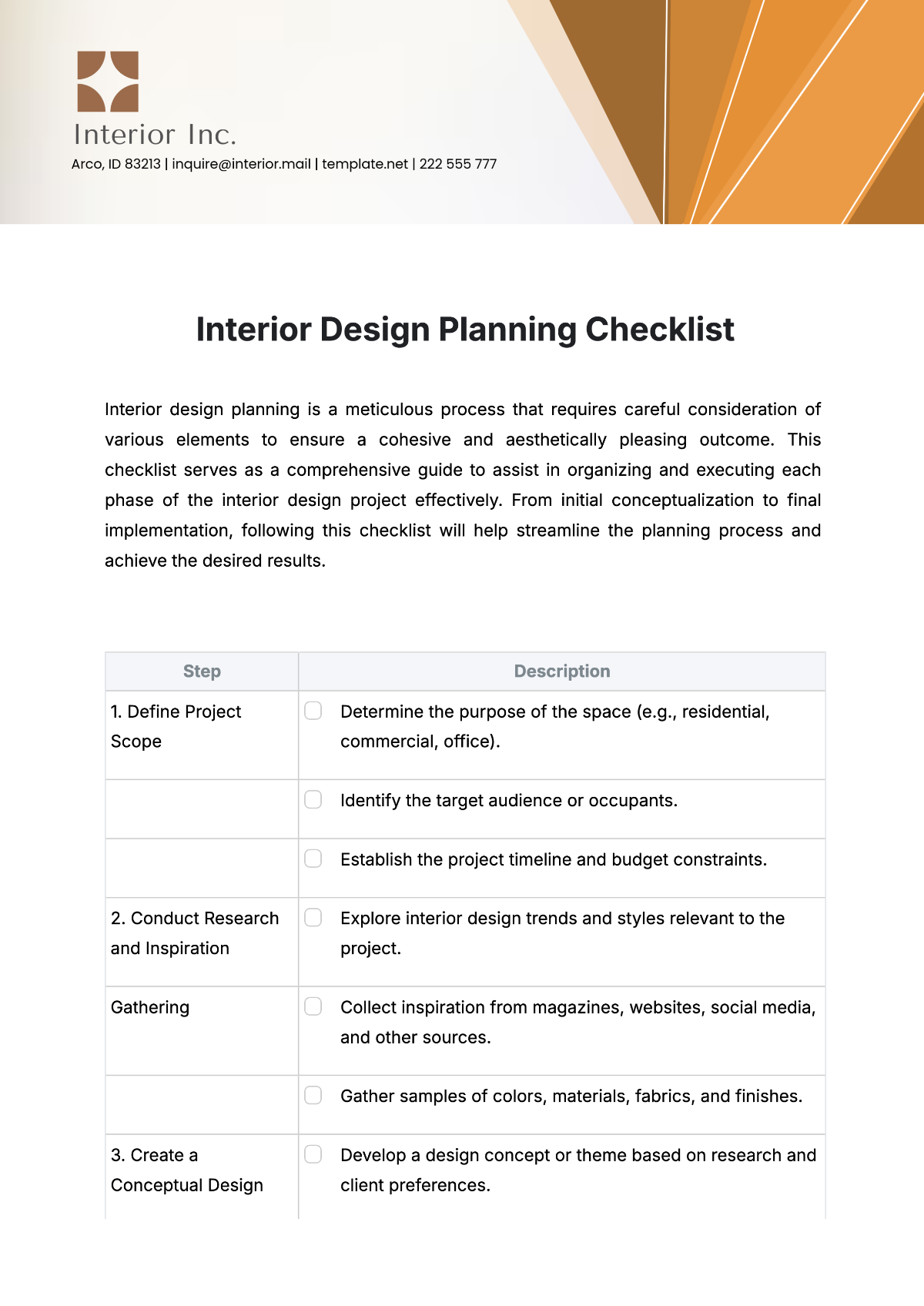 Free Interior Design Planning Checklist Template