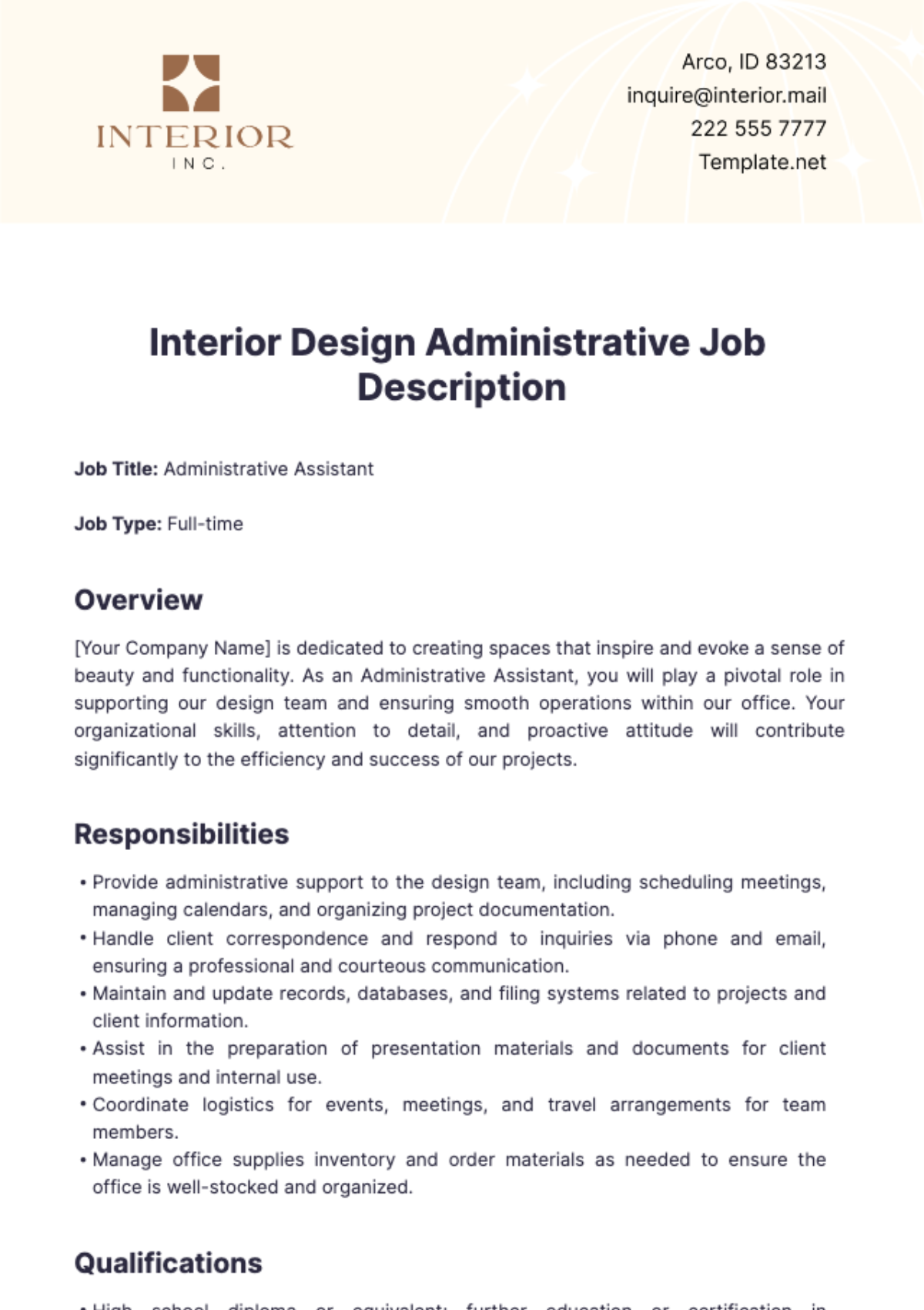 Interior Design Administrative Job Description Template - Edit Online & Download