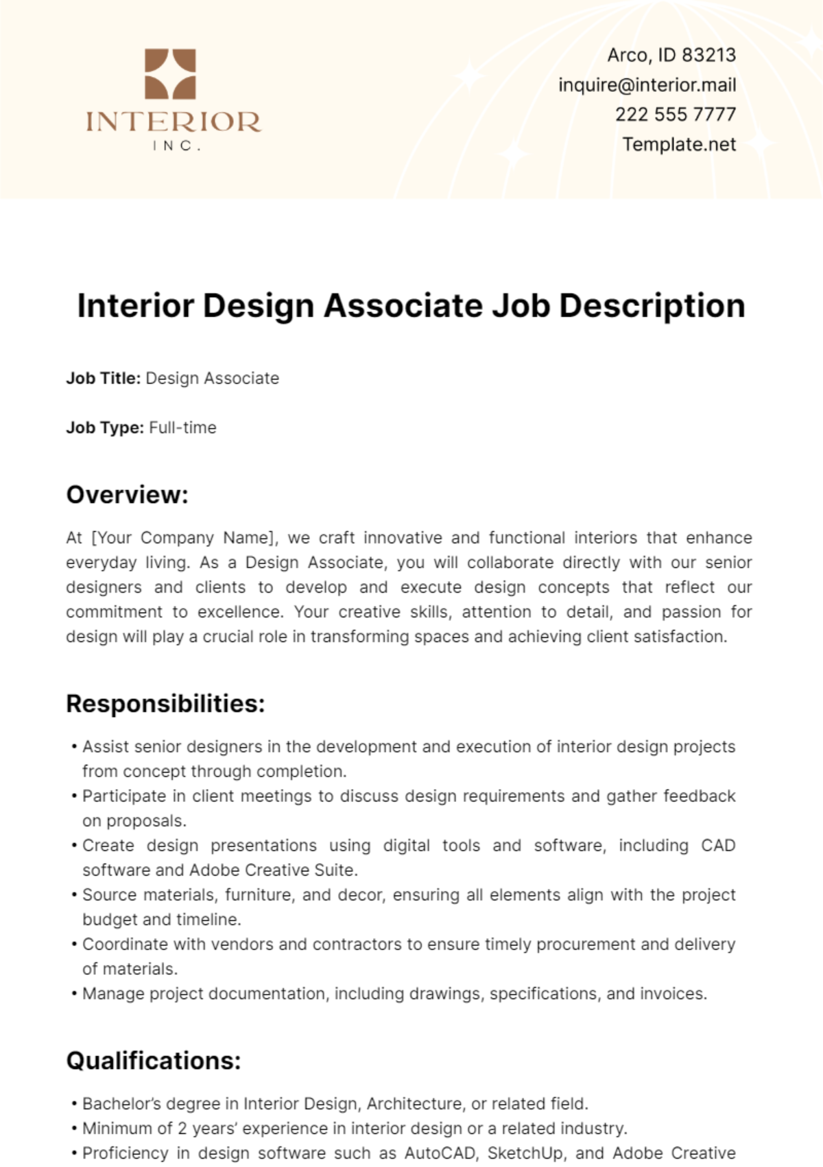 Free Interior Design Associate Job Description Template