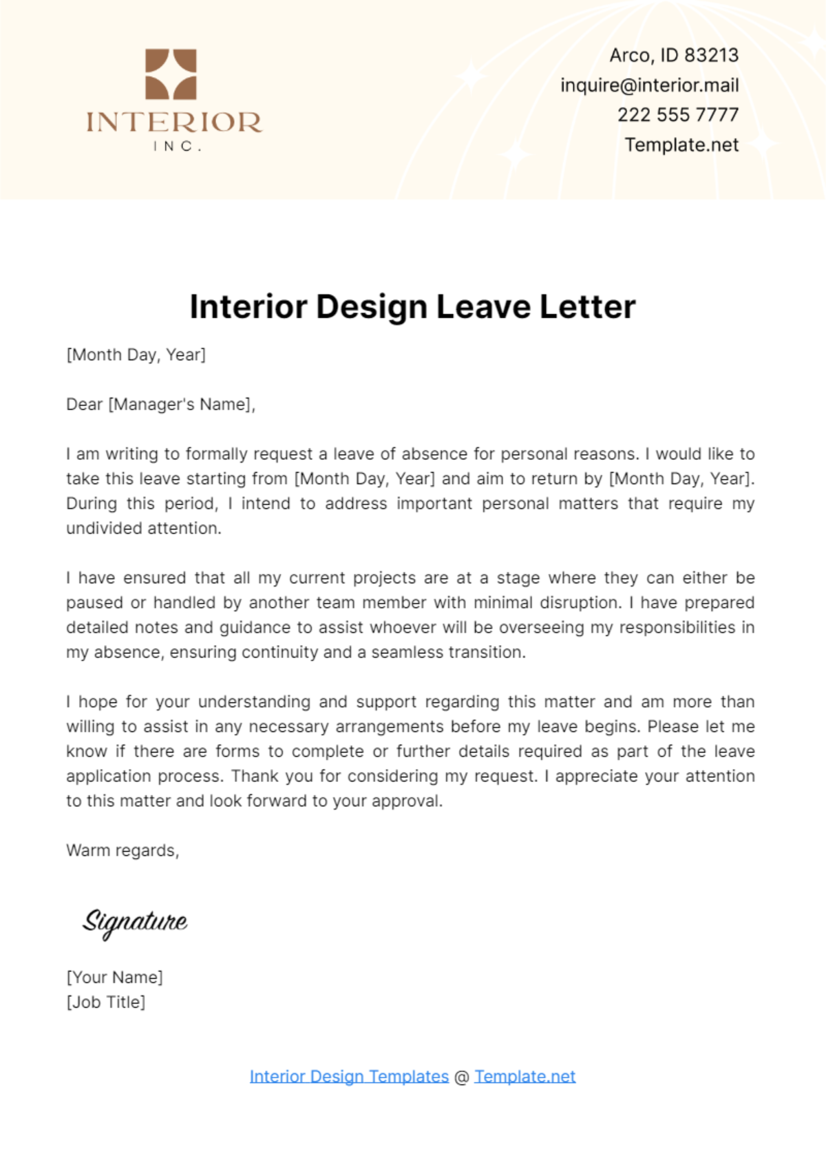 Interior Design Leave Letter Template