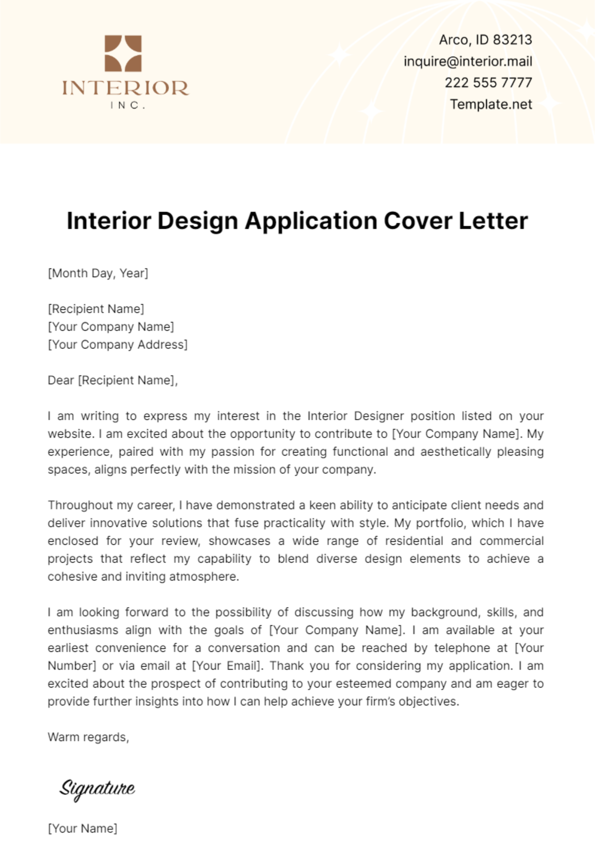 Free Interior Design Application Cover Letter Template To Edit Online