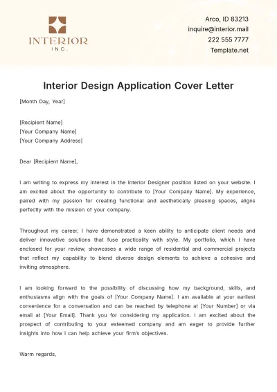 Free Interior Design Application Cover Letter Template to Edit Online