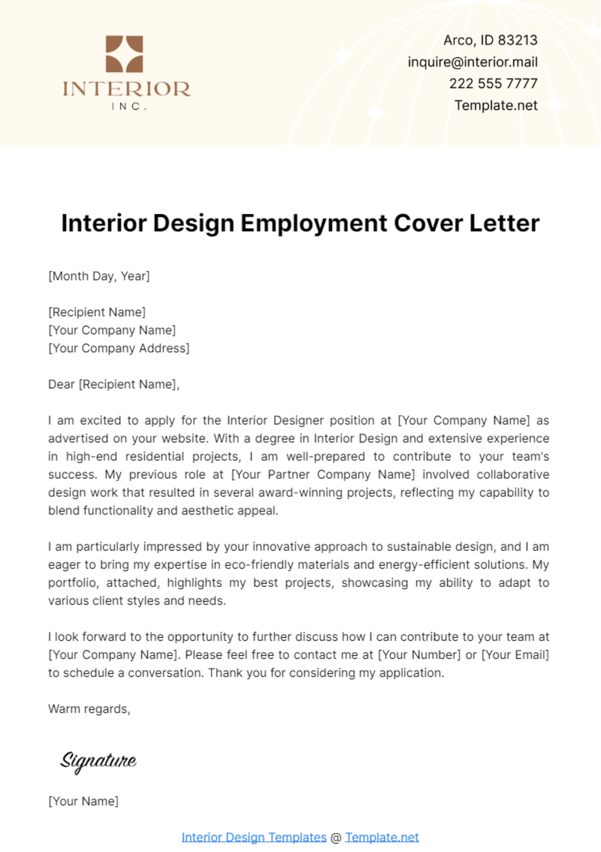 Interior Design Employment Cover Letter Template