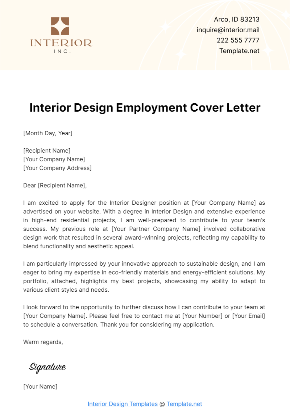 Interior Design Employment Cover Letter Template - Edit Online & Download